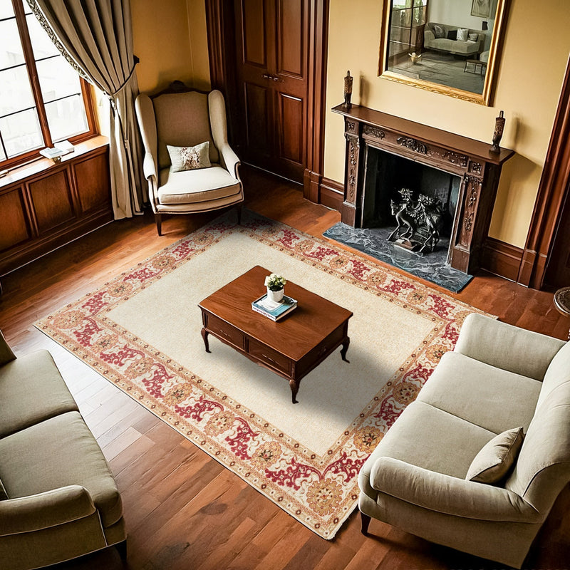 Short-pile, tightly woven area rug that resists dust buildup