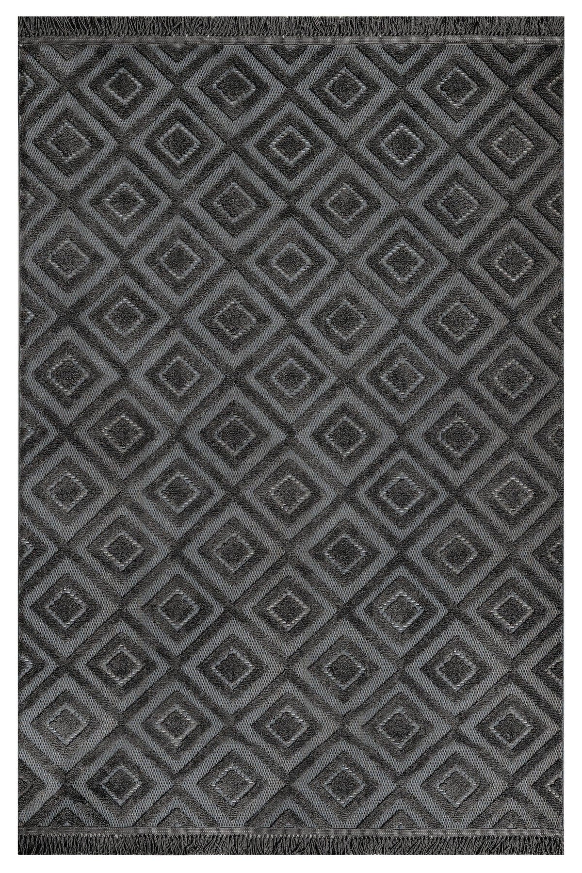 Charcoal gray diamond-pattern boho rug with an ethnic woven design