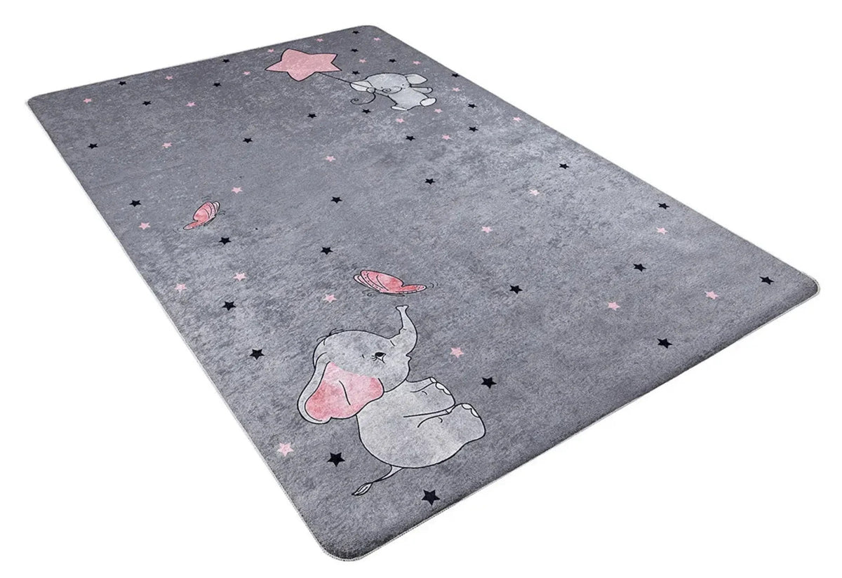 Gray and pink elephant-print kids' and nursery rug — soft, washable design