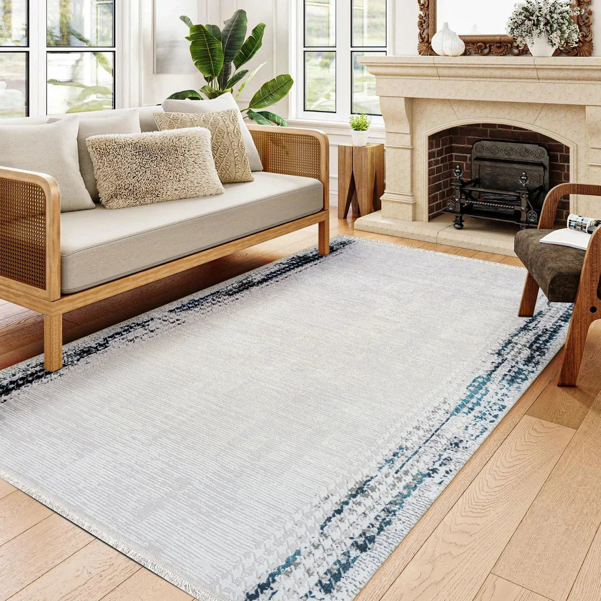White and blue geometric modern living room rug