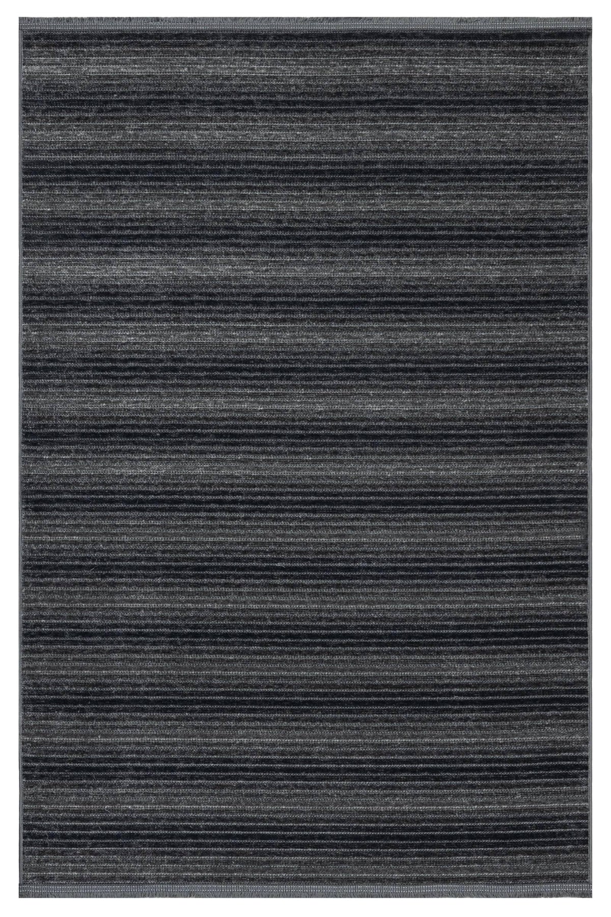 Charcoal striped non-slip runner rug in a hallway