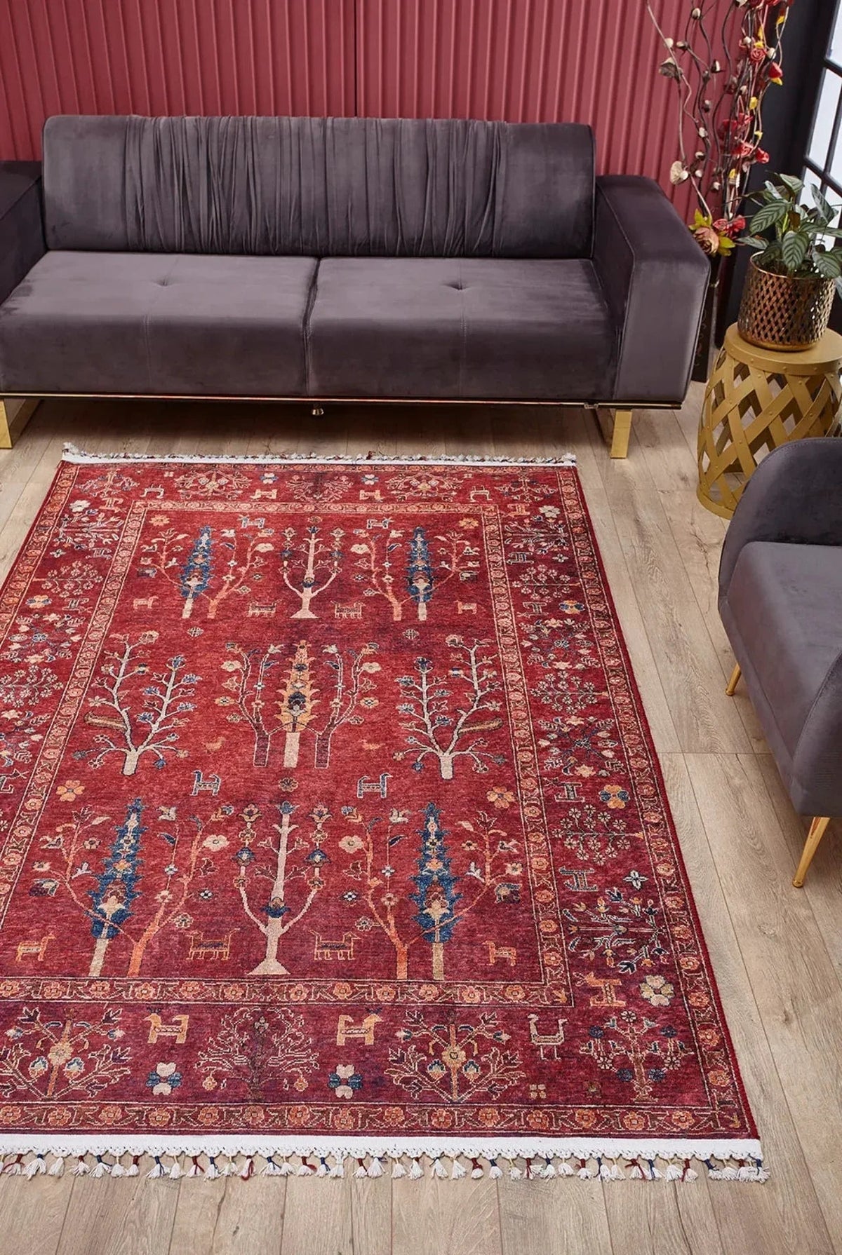 Red Anatolian-pattern digital-print polyester rug used in a kitchen