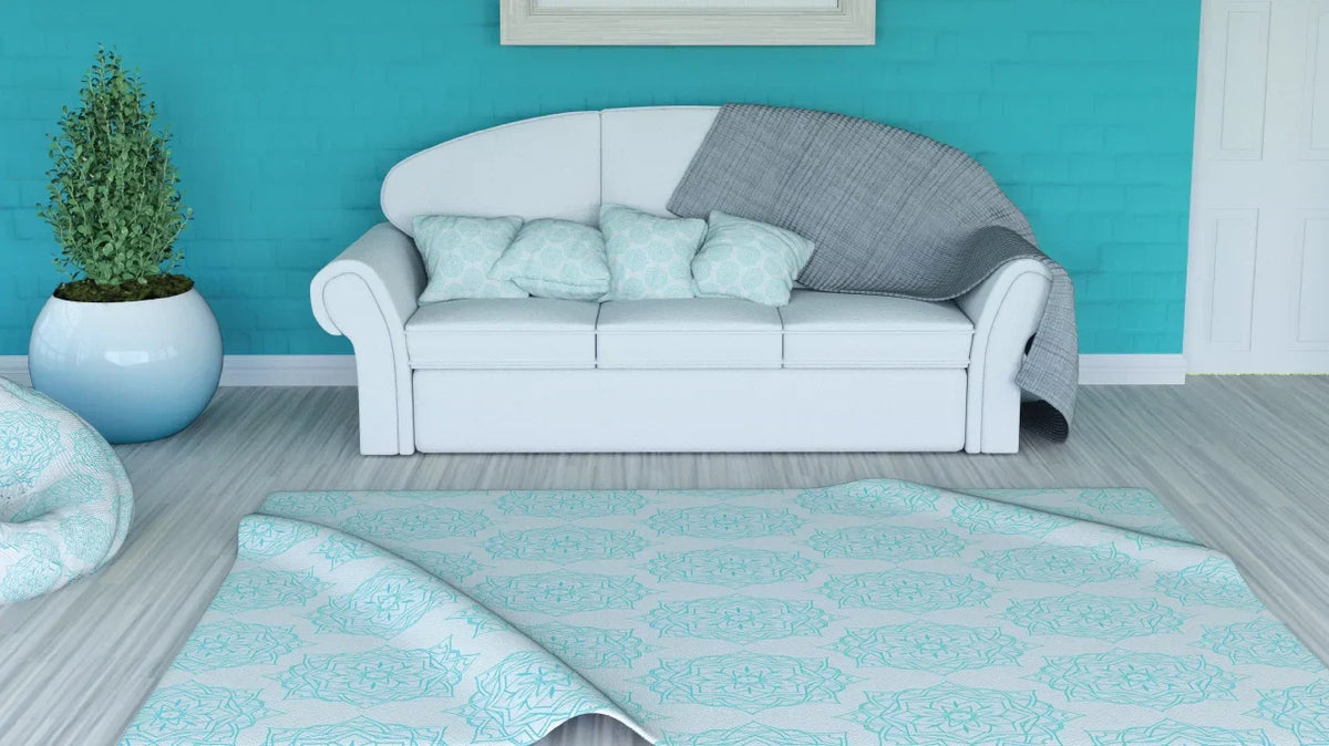 Digital print area rug with a bold pattern styled in a modern living room