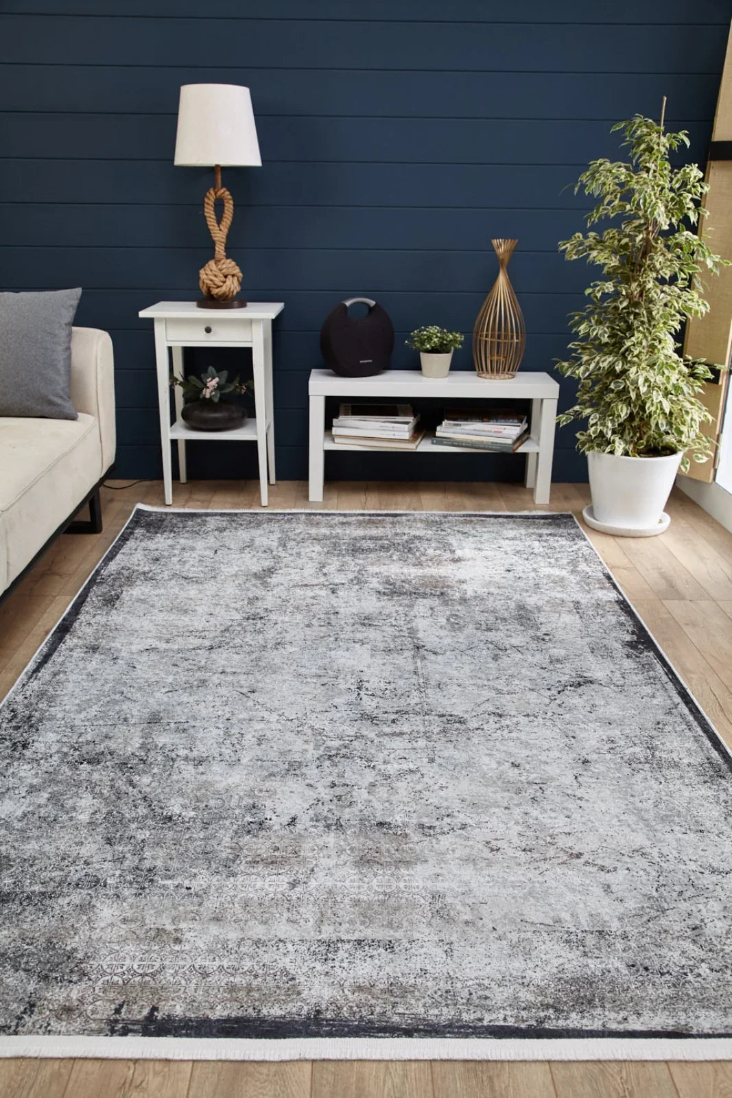 Vintage-look distressed rug with softly faded pattern