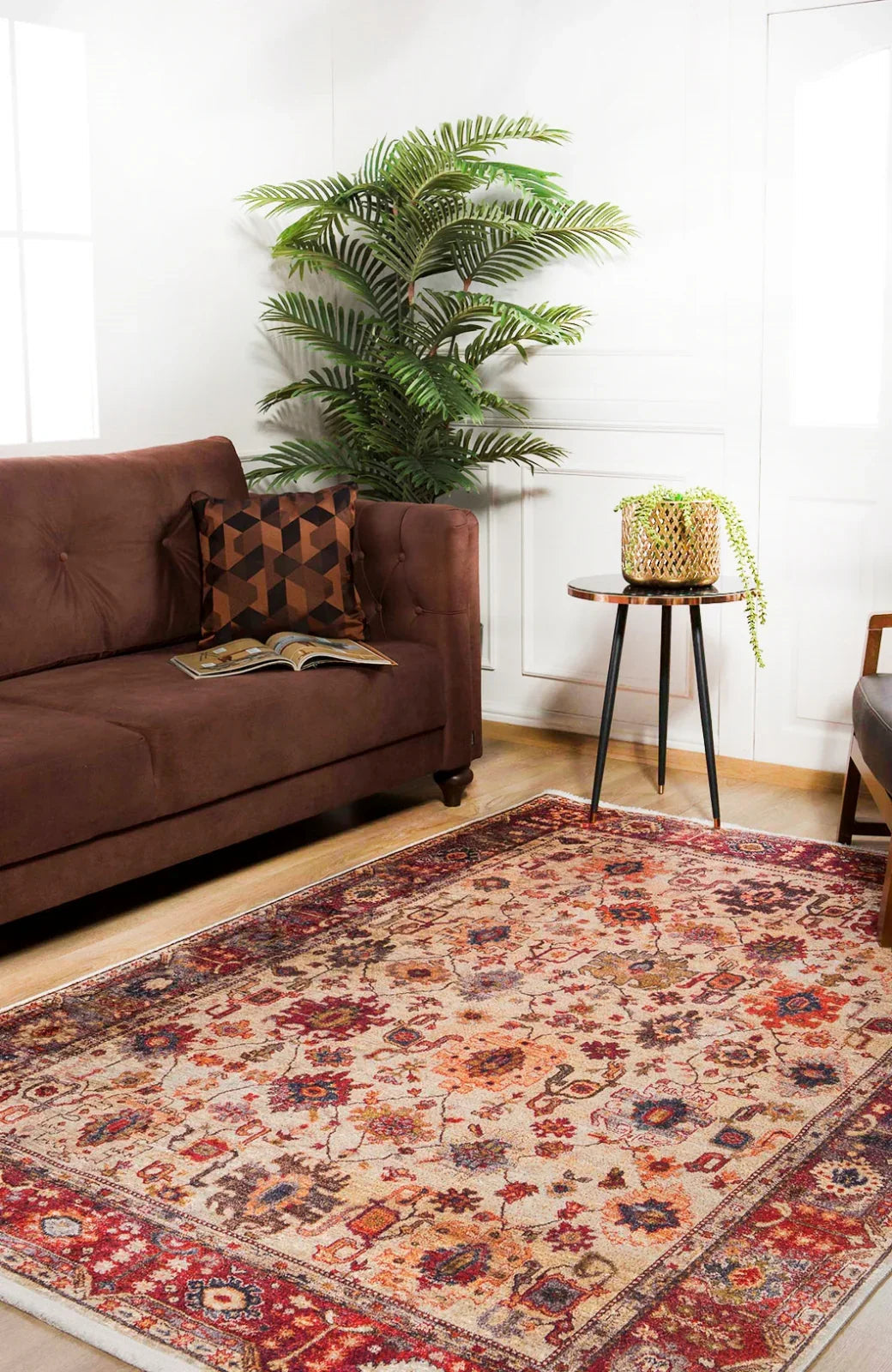 Floral daisy-patterned rug in a bright living room