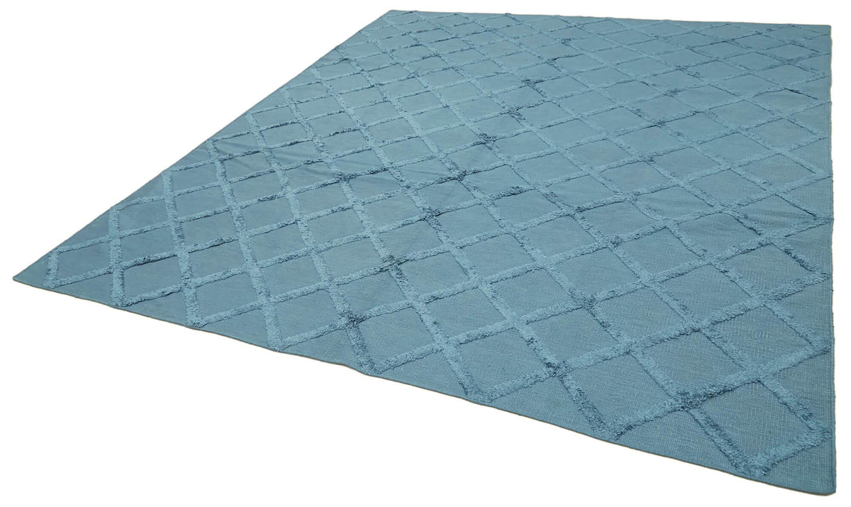 Blue chenille-textured modern living room rug with a soft, velvety surface