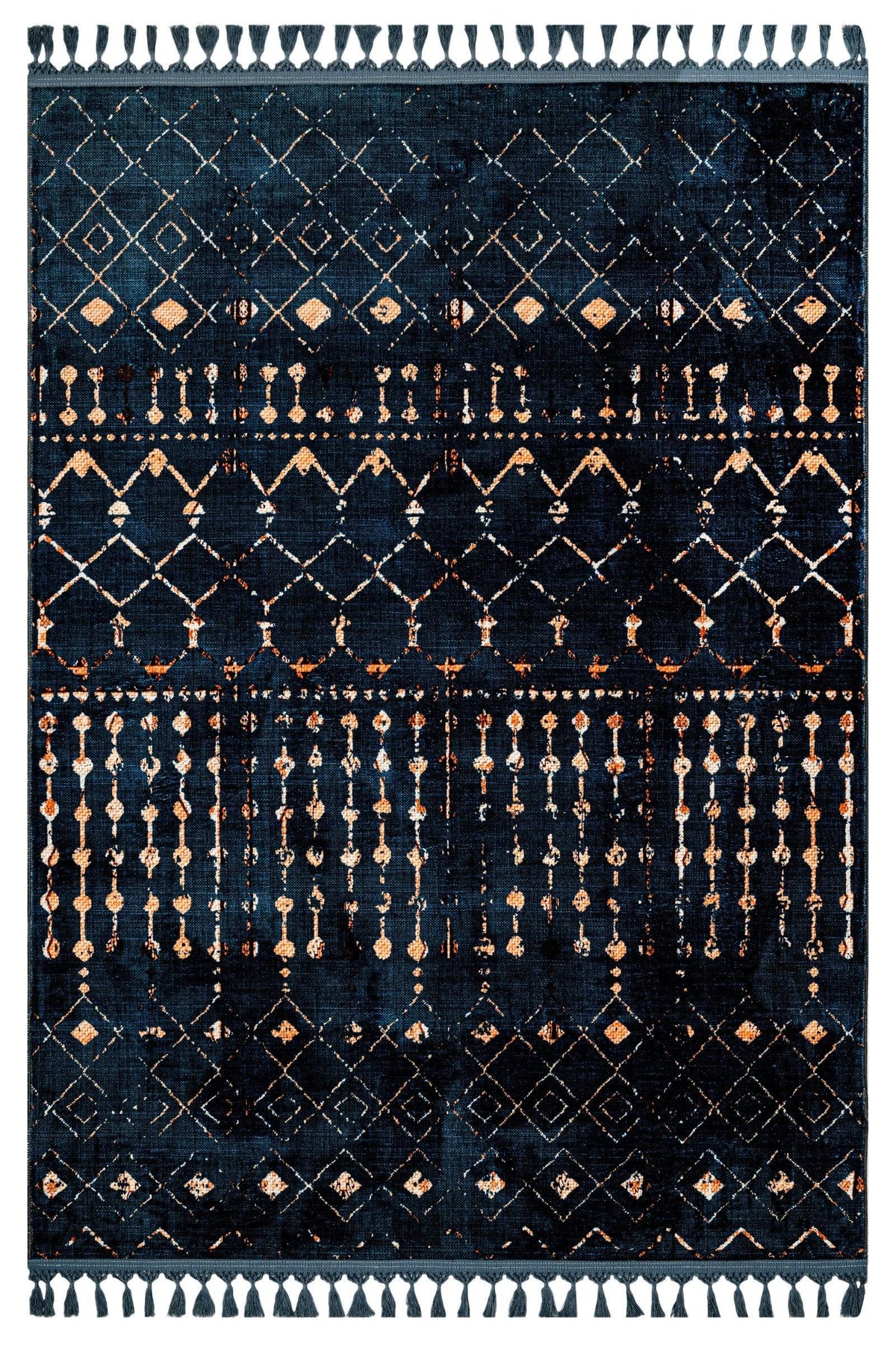 Navy and orange distressed geometric pattern rug from our bathroom rug collection