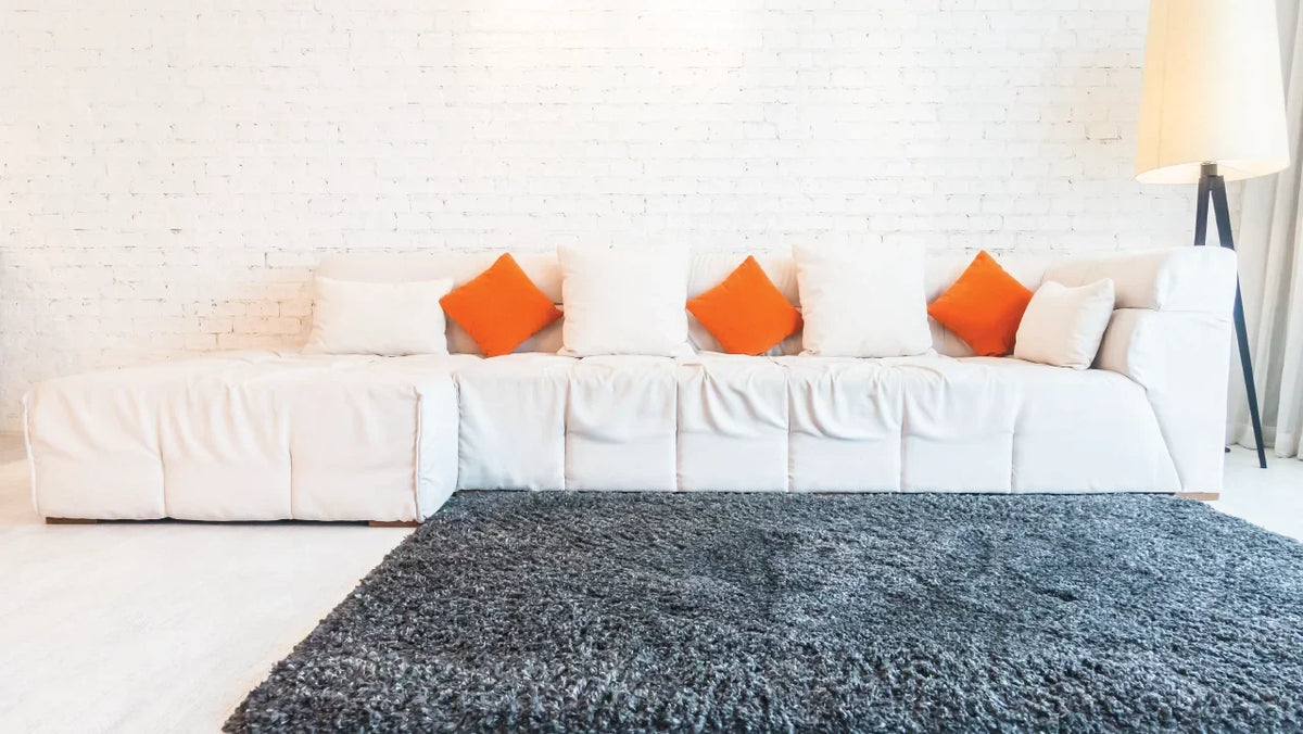 Close-up of a plush shaggy rug with long, soft fibers styled in a cozy living room