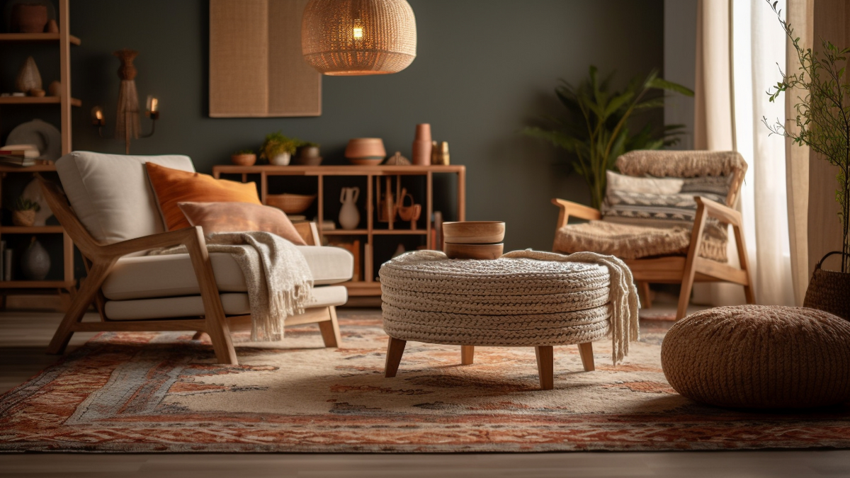 Bordered rug pattern in a living room