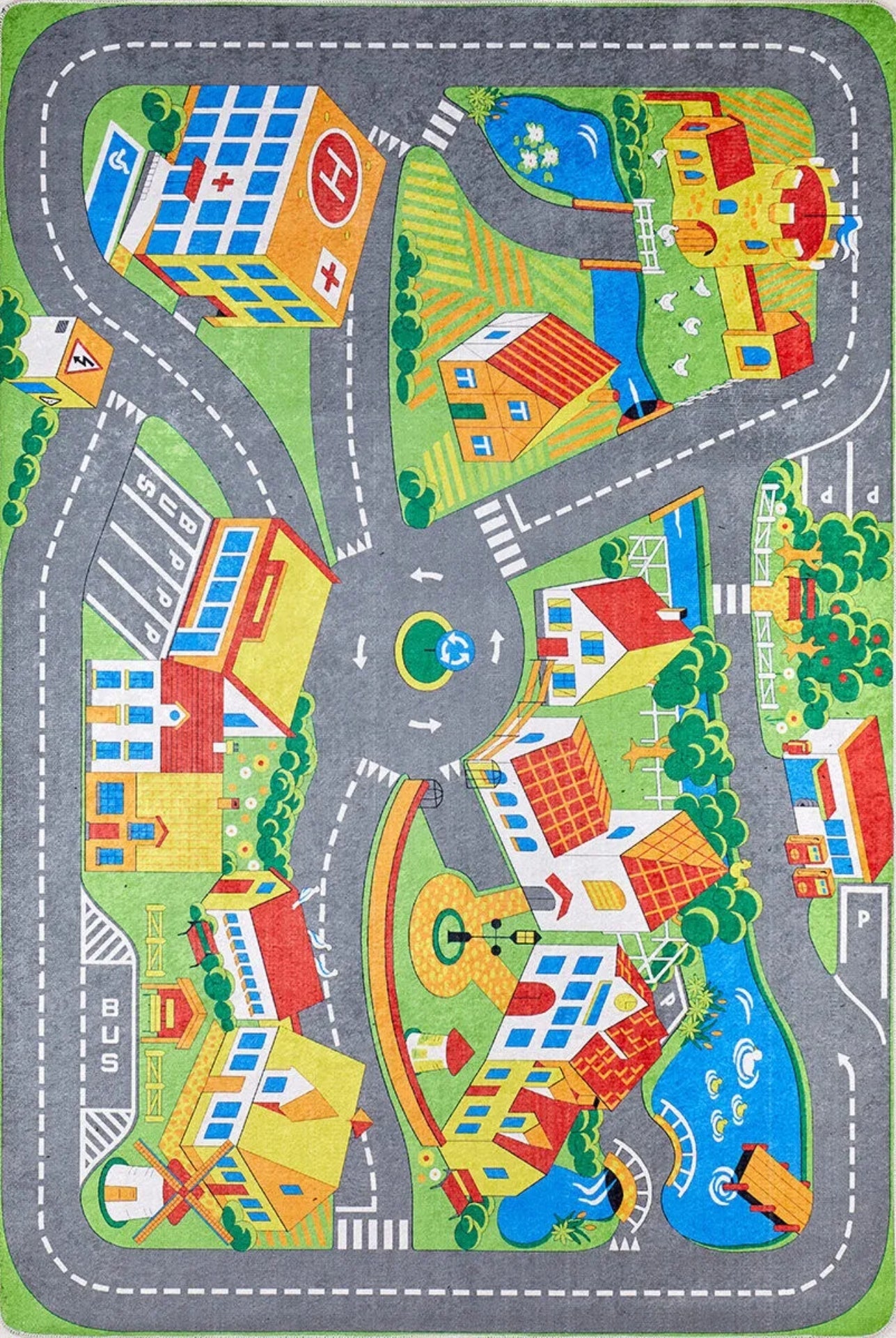 Kids Digital Print Rug - Gray Figured Design, Antibacterial Non Slip Carpet