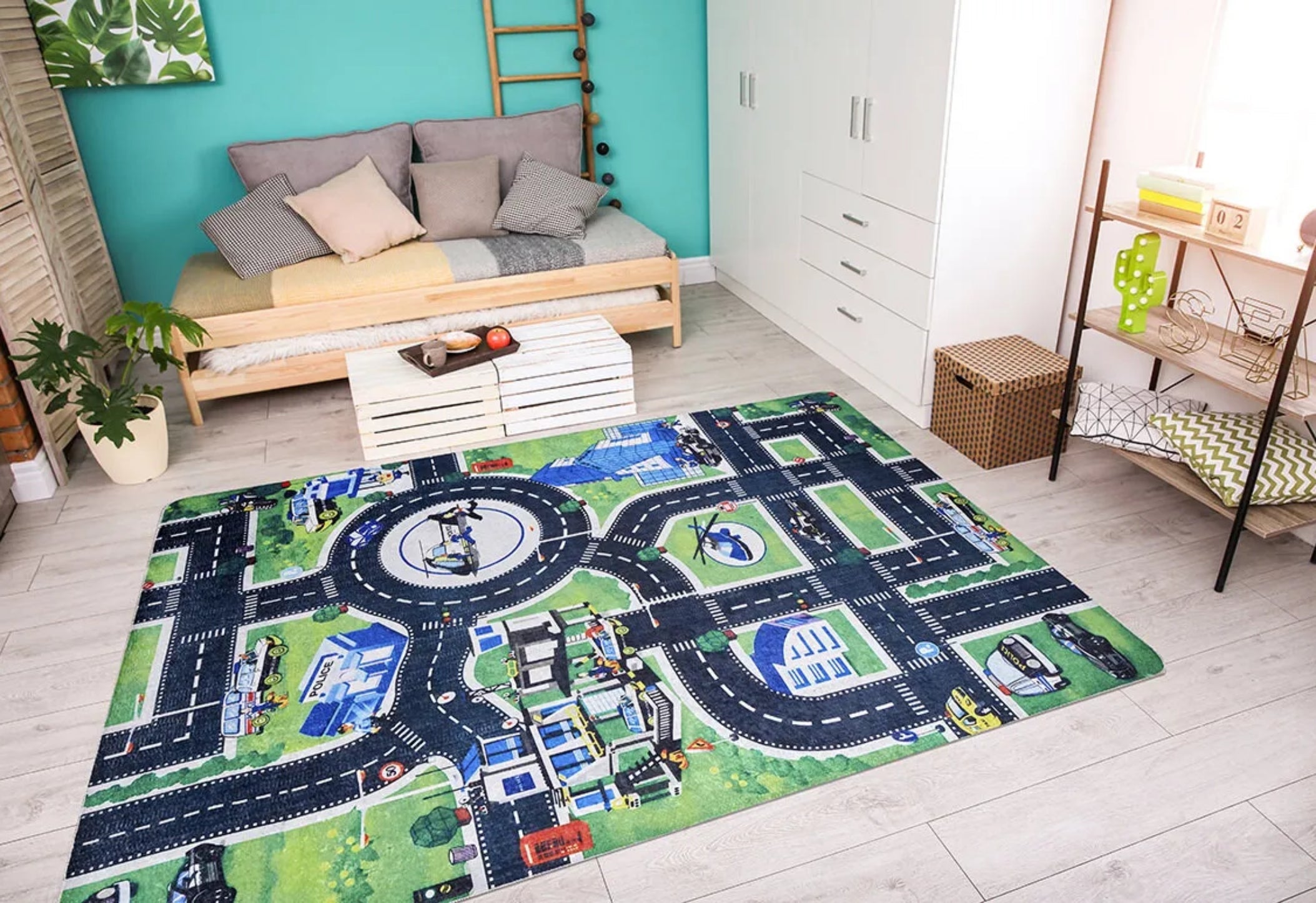 Kids Digital Print Rug - Green Figured Design Carpet | Non Slip, Washable, Antibacterial