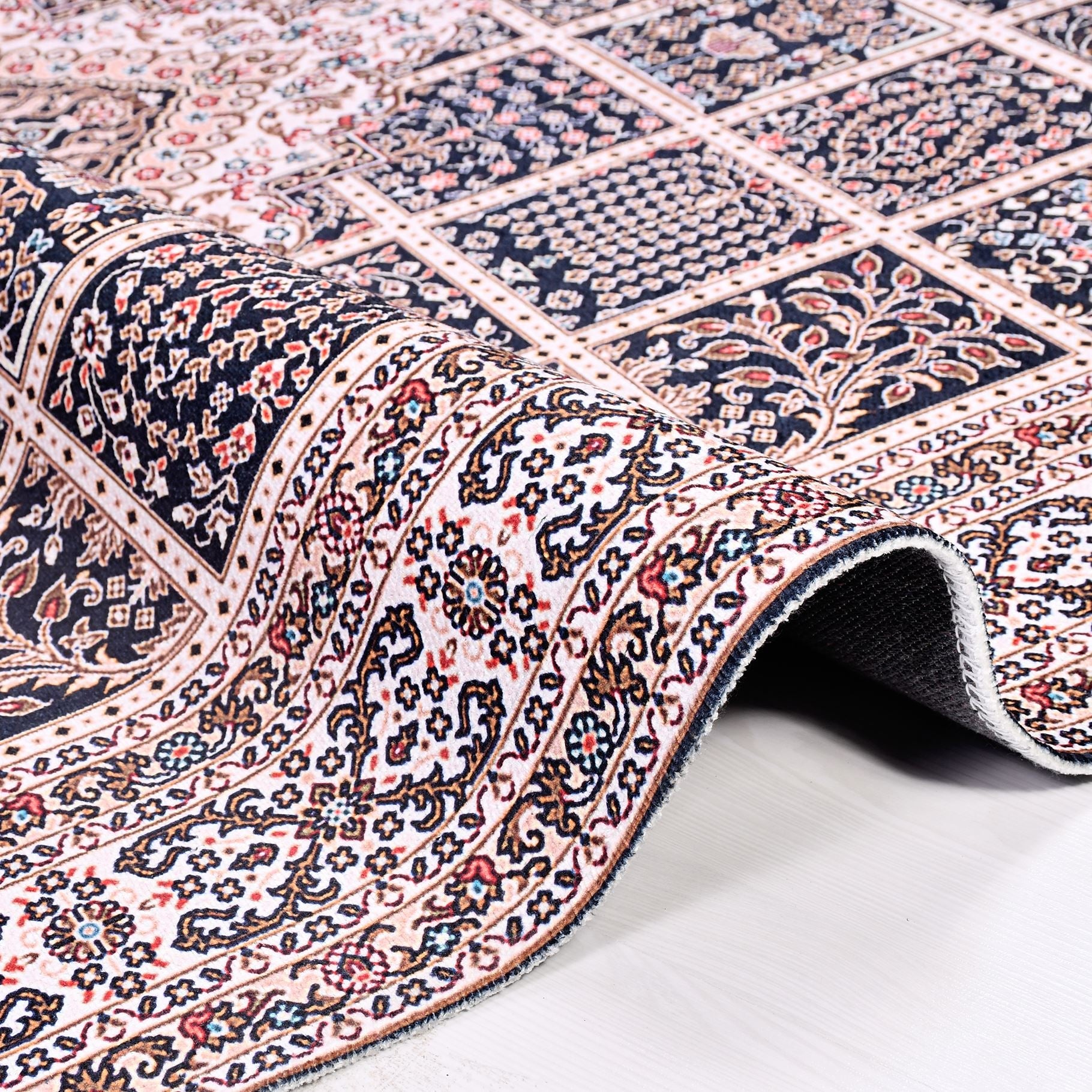 Chenille Area Rug - Washable Non Slip Cream Frame Rug With Kilim Design