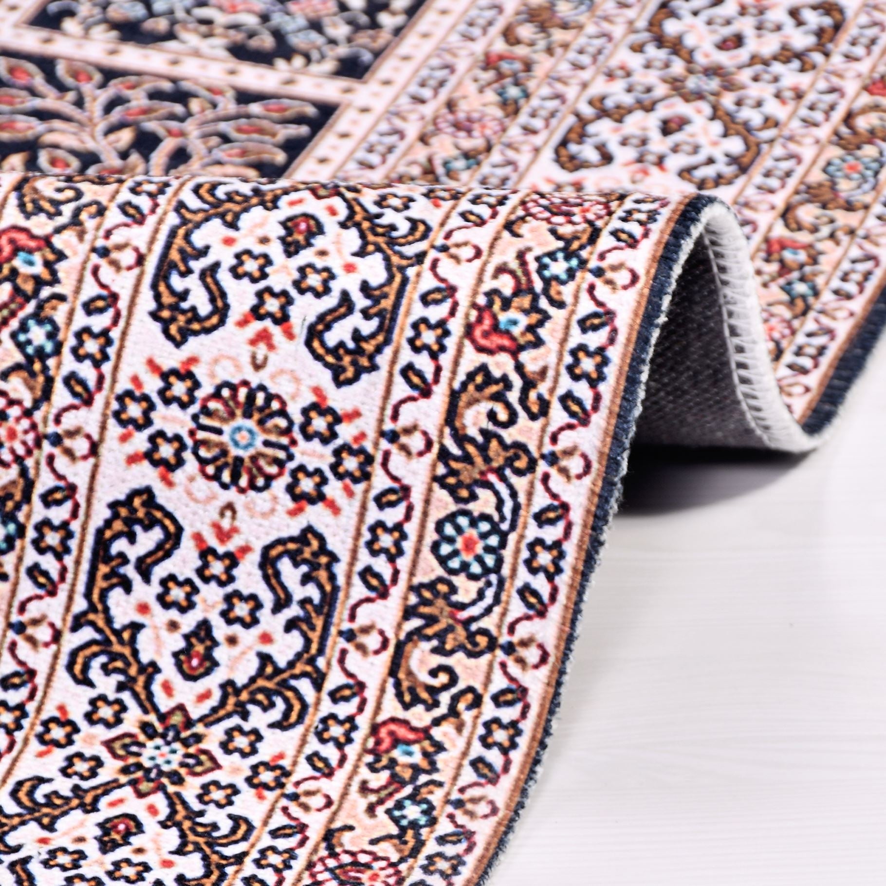 Chenille Area Rug - Washable Non Slip Cream Frame Rug With Kilim Design