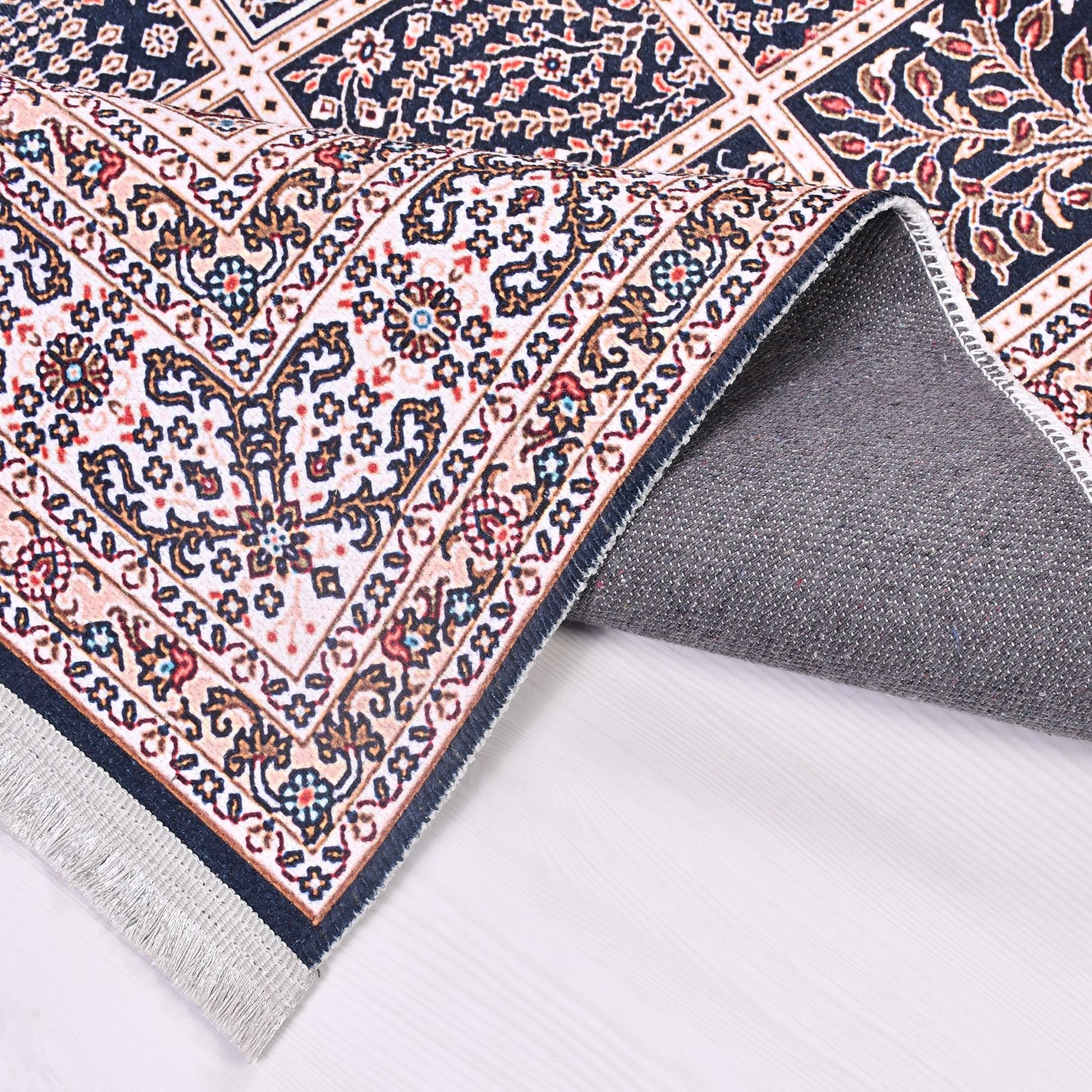 Chenille Area Rug - Washable Non Slip Cream Frame Rug With Kilim Design