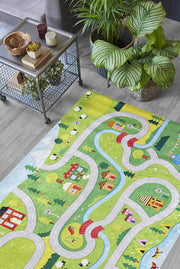 Kids Digital Print Rug - Green Patterned Carpet | Non Slip, Antibacterial & Washable