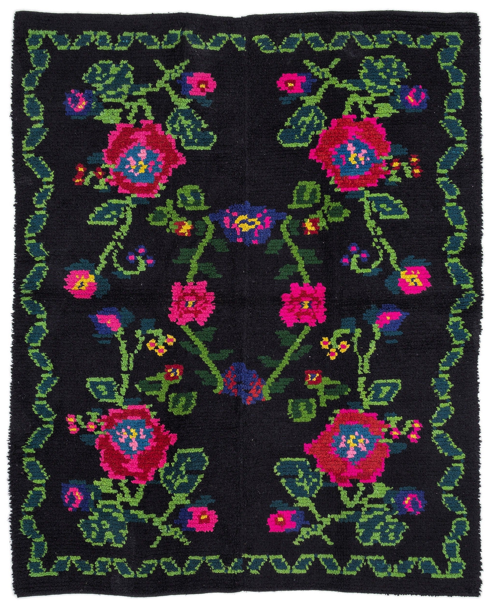 Girit Black Floral Wool Handmade Area Rug 5'2" x 6'7"