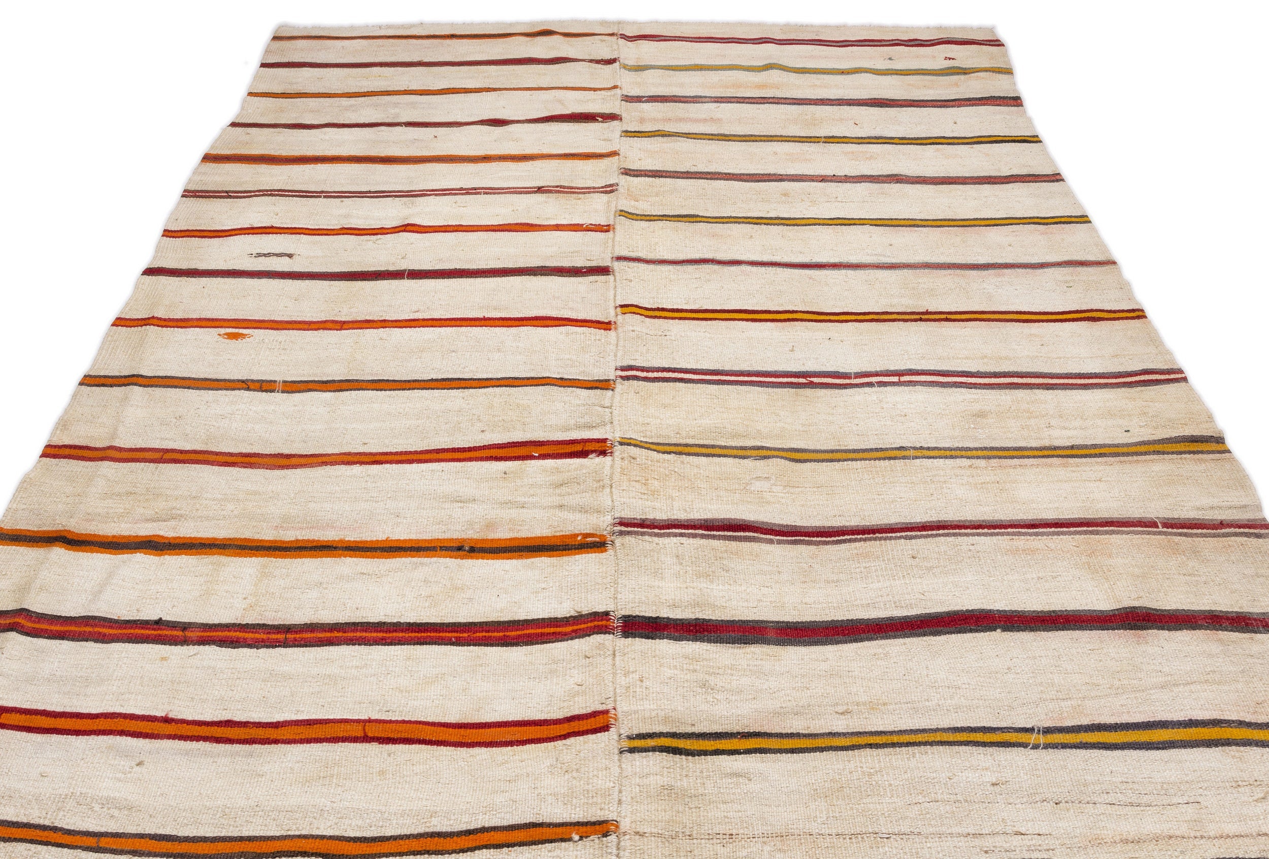 Girit Beige Striped Wool Handmade Area Rug 6'7" x 13'11"