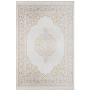 Classic Area Rug – Beige Machine Made Rug With Fringed Edges, Non Slip Carpet