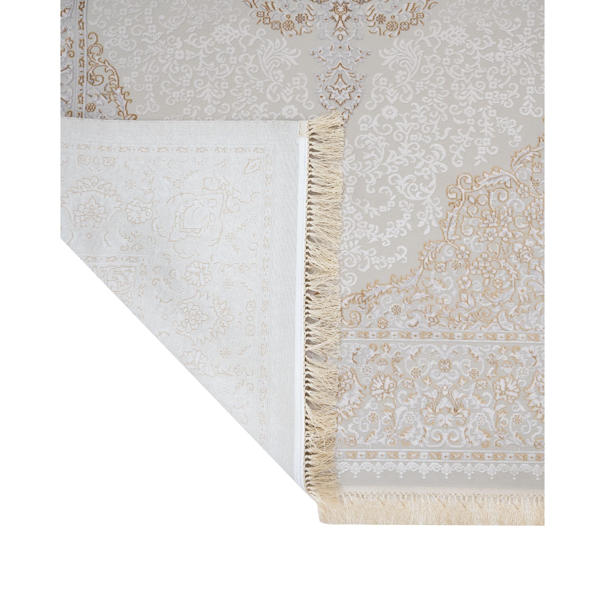 Classic Area Rug – Beige Machine Made Rug With Fringed Edges, Non Slip Carpet