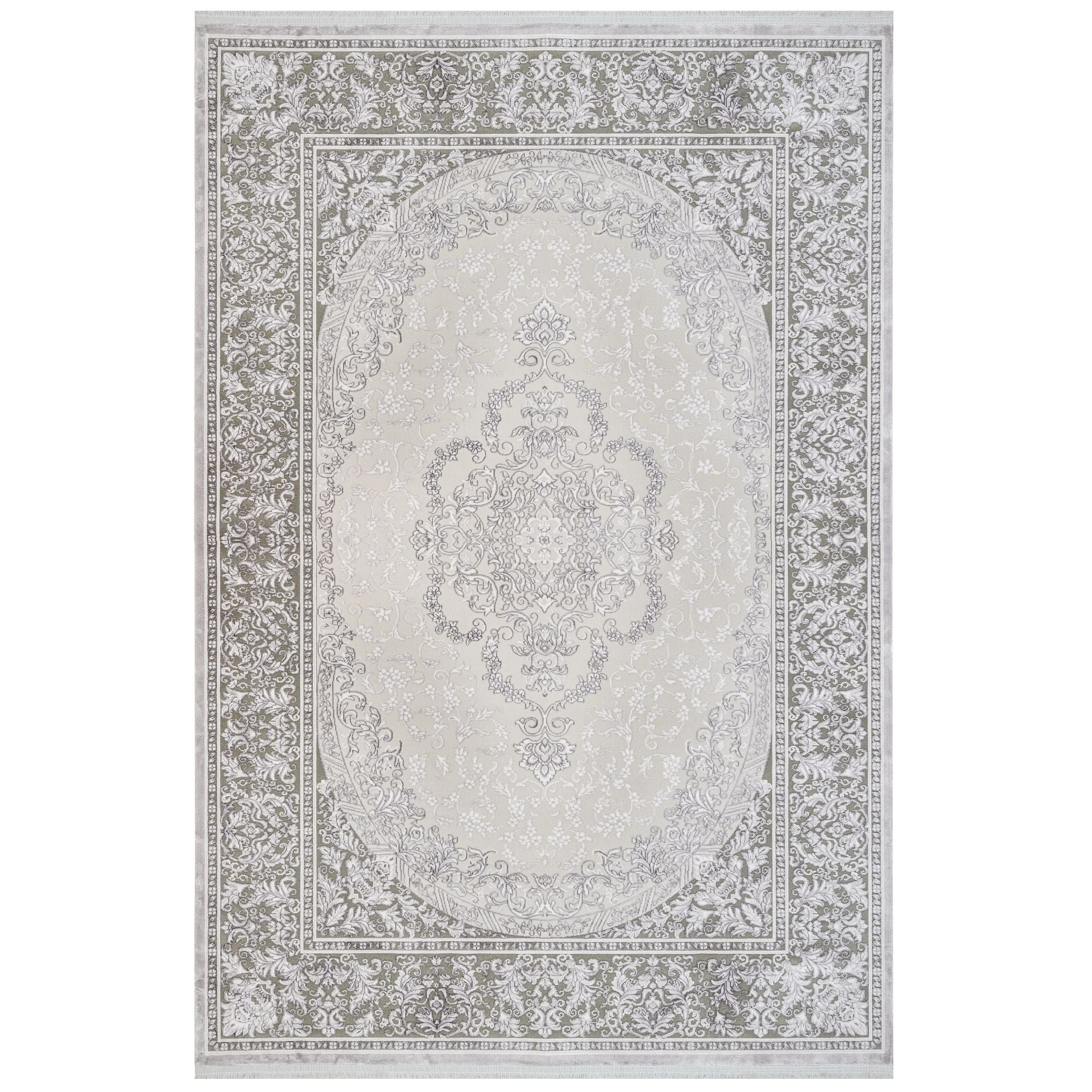 Grey Area Rug – Machine Made Classic Acrylic Carpet with Fringed Edge
