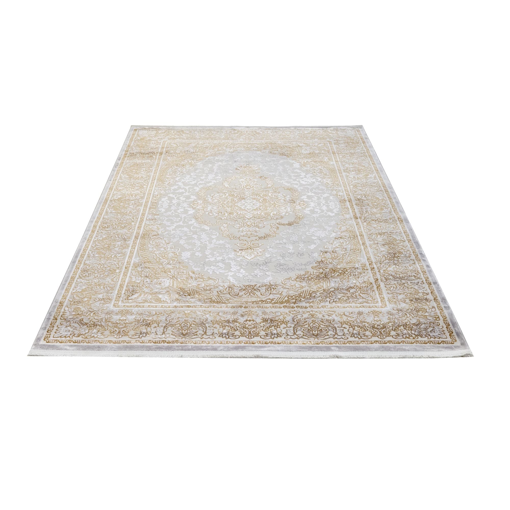 Gold Area Rug - Machine Made Classic Acrylic Carpet with Fringed Edges