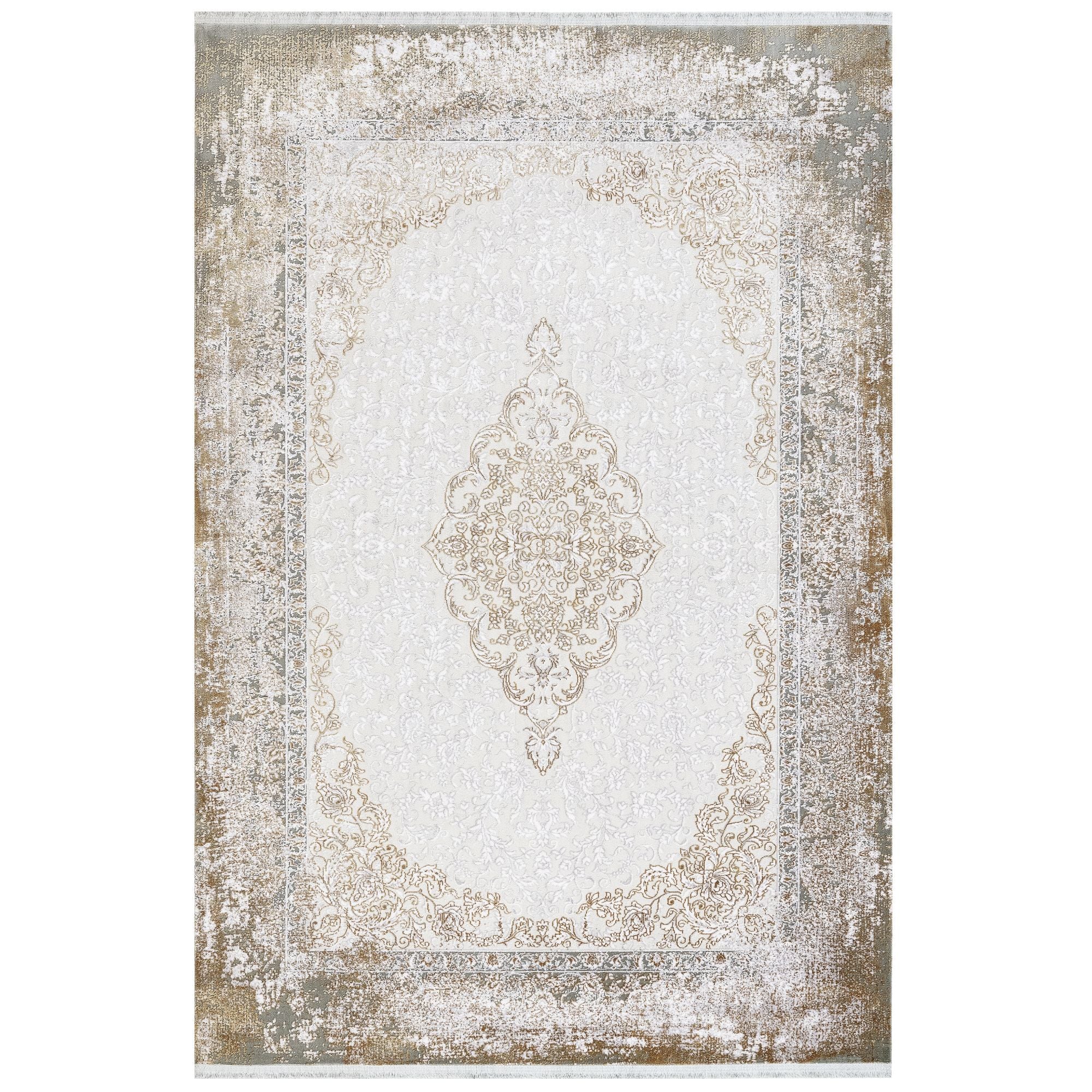 Machine Made Area Rug – Classic Gold Acrylic Fiber Rug with Fringed Edges