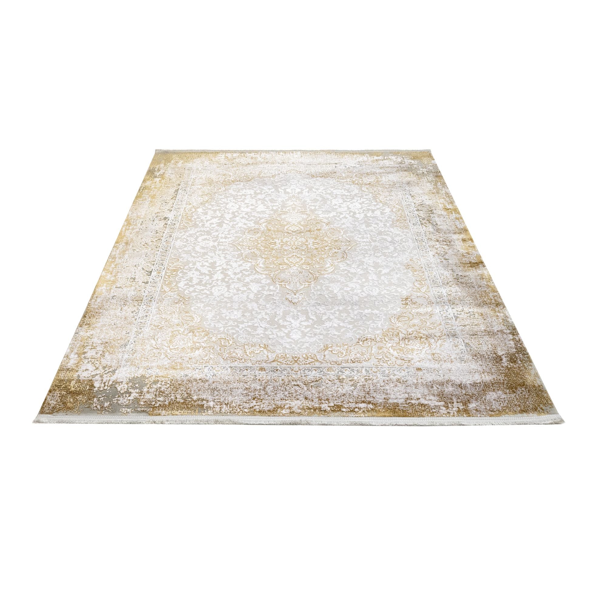 Machine Made Area Rug – Classic Gold Acrylic Fiber Rug with Fringed Edges