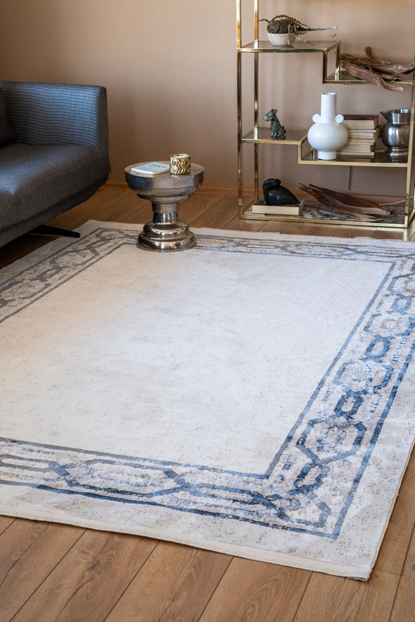 Machine Made Area Rug – Grey Blue Frame Style Cotton Woven Carpet for Living Room