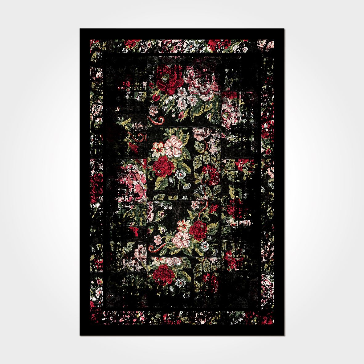 Black Floral Area Rug – Washable Non Slip Chenille Cotton Carpet with Floral Pattern