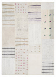 Teselya White Striped Wool Handmade Area Rug 5'3" x 7'7"
