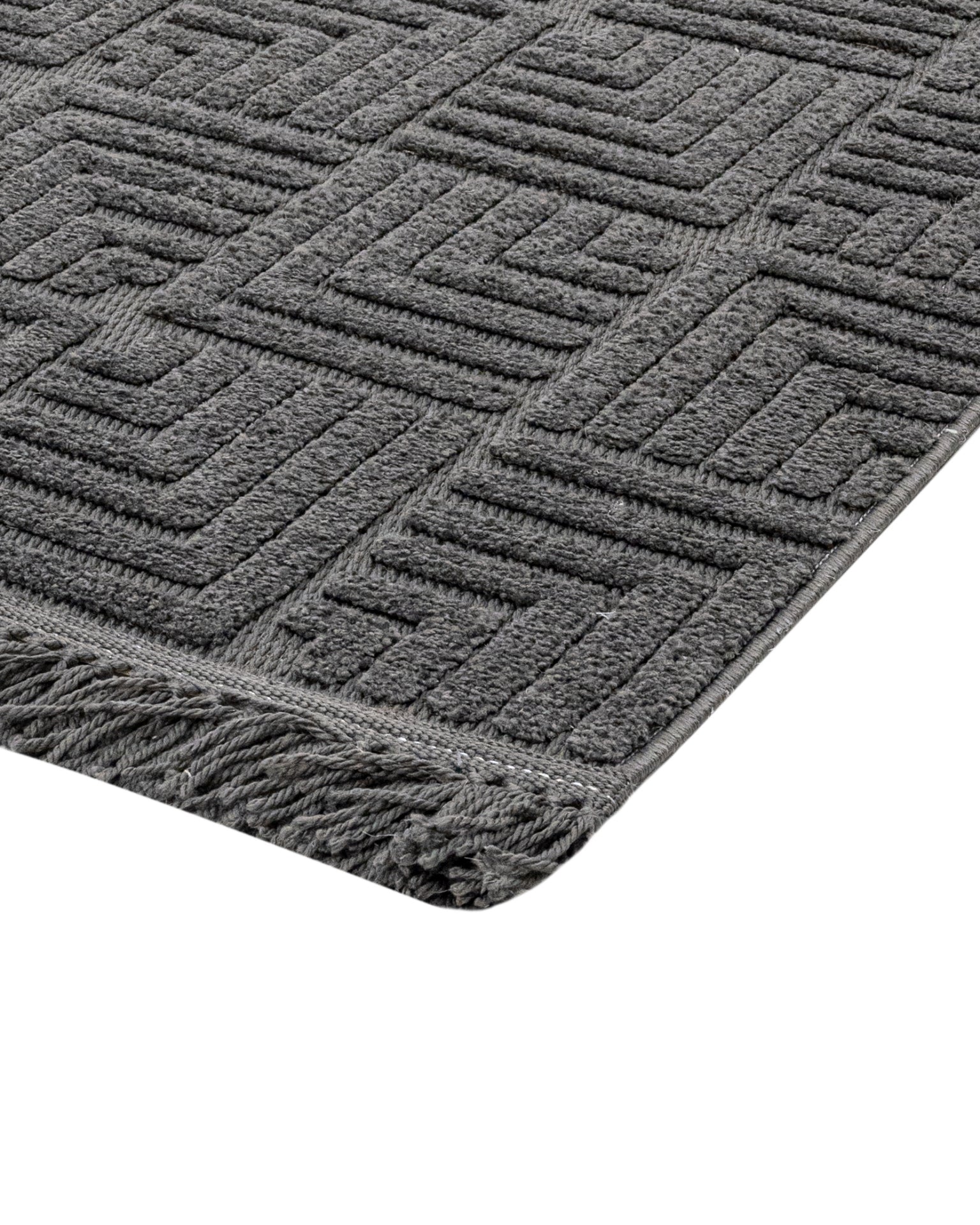 Geometric Area Rug - Machine Made Anthracite Polyester Rug With Fringed & Overlock Edge