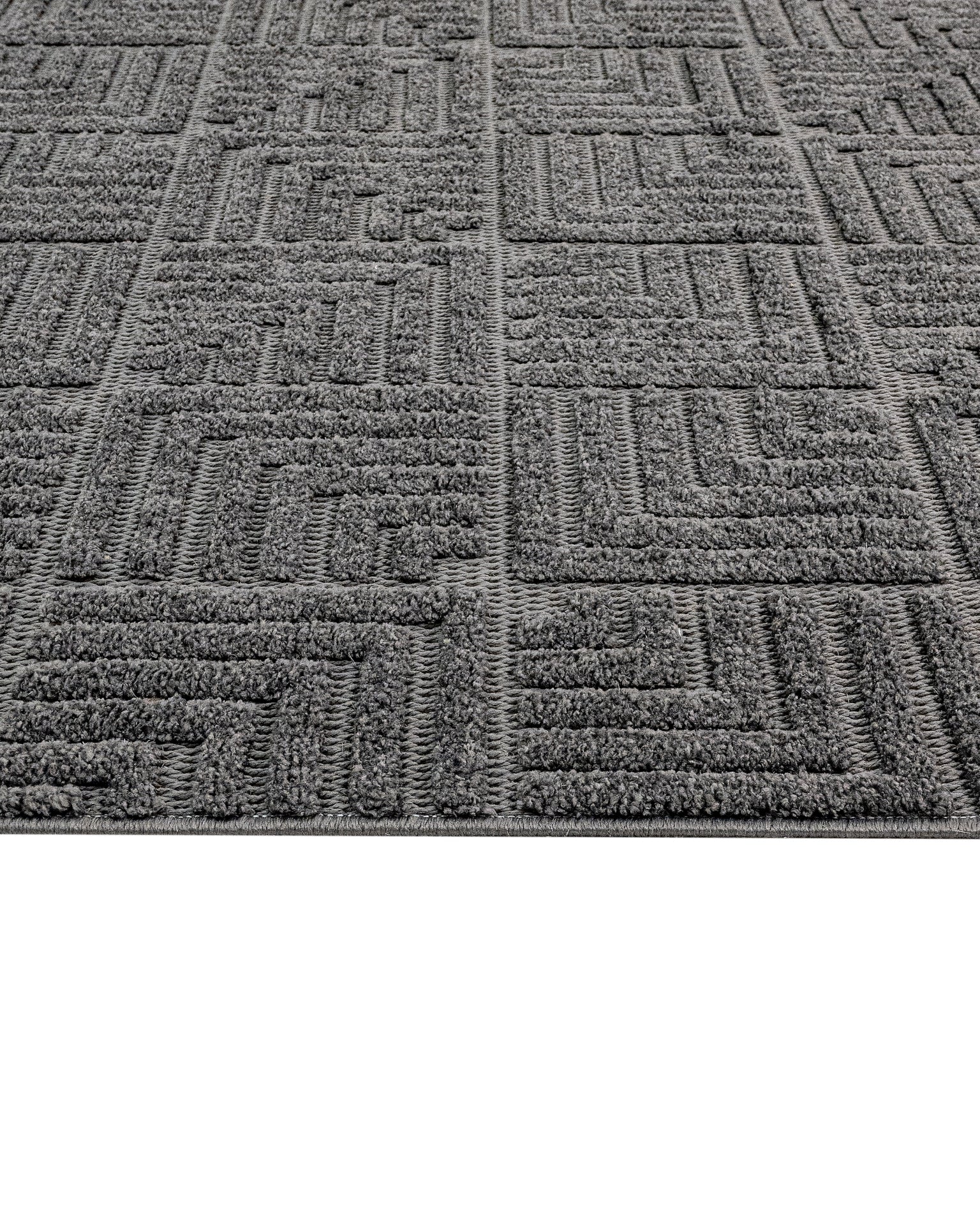 Geometric Area Rug - Machine Made Anthracite Polyester Rug With Fringed & Overlock Edge