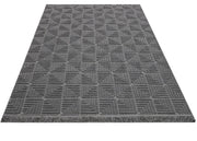 Geometric Area Rug - Machine Made Anthracite Polyester Rug With Fringed & Overlock Edge