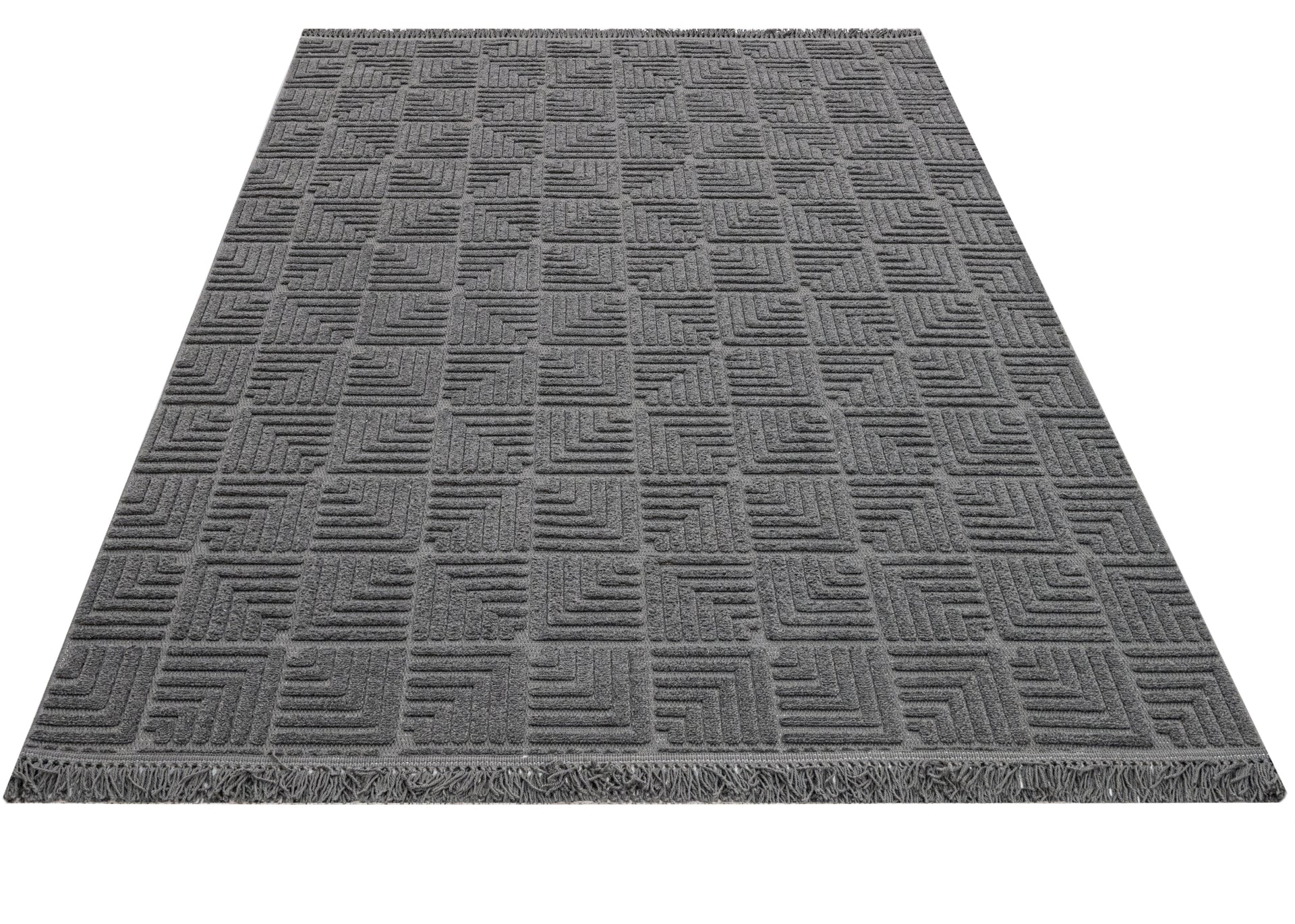 Geometric Area Rug - Machine Made Anthracite Polyester Rug With Fringed & Overlock Edge