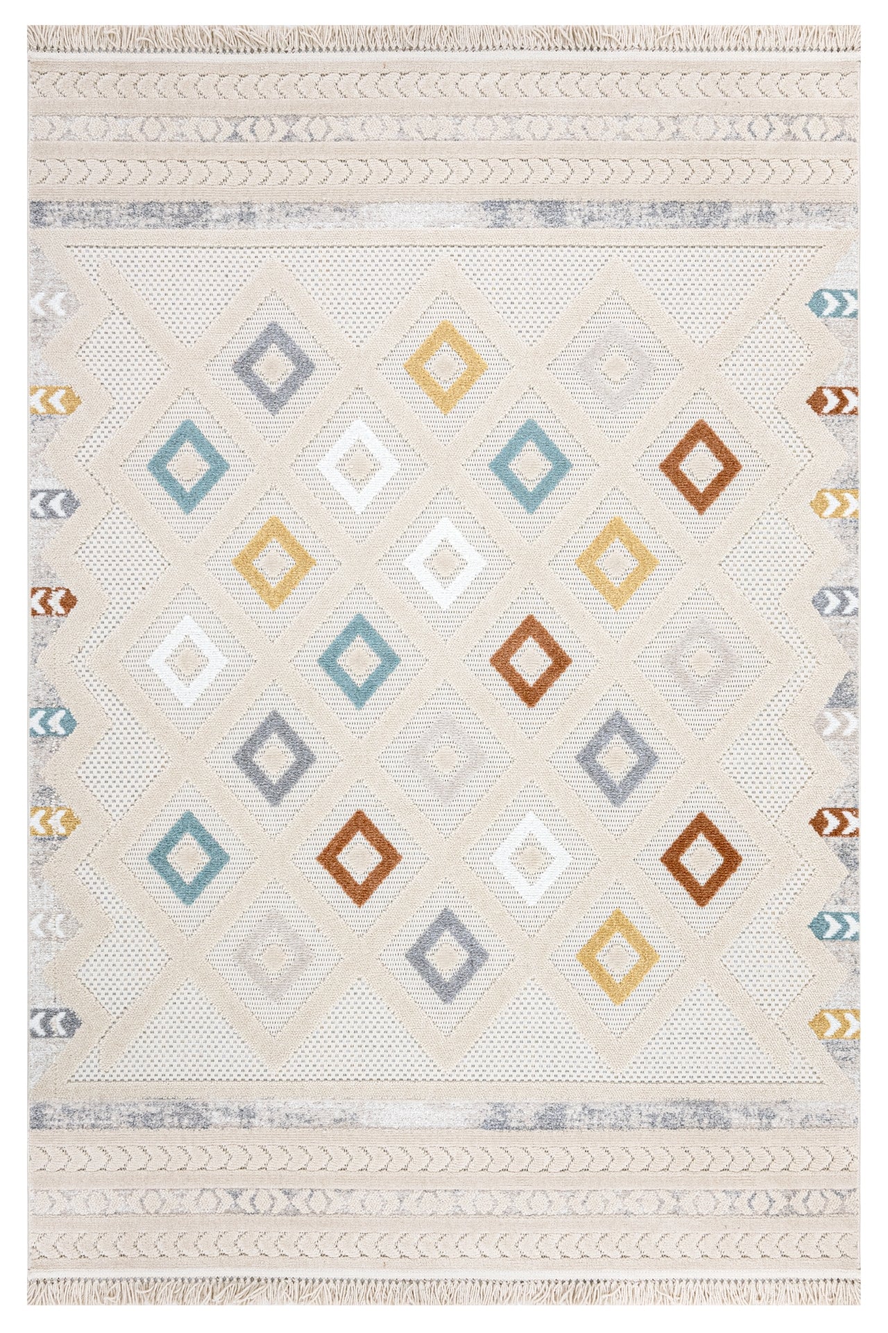 Geometric Area Rug - Machine Made Polyester Rug with 7 mm Pile & Fringed Edge
