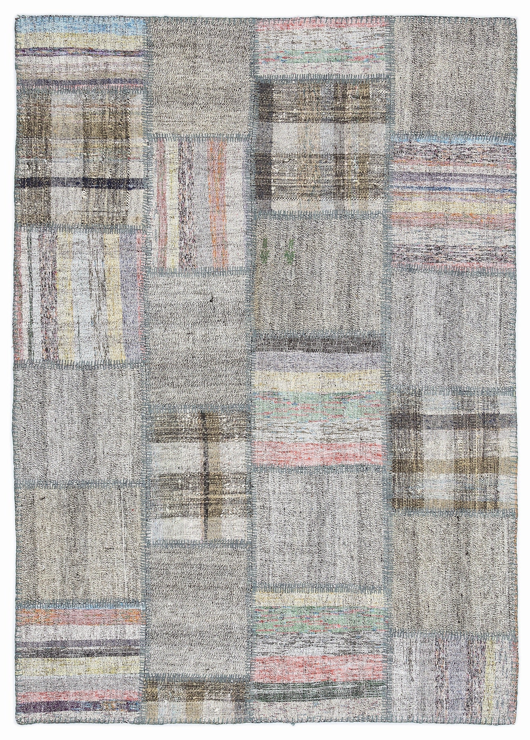 Teselya 1066 Grey Striped Wool Handmade Area Rug 5'3" x 7'7"