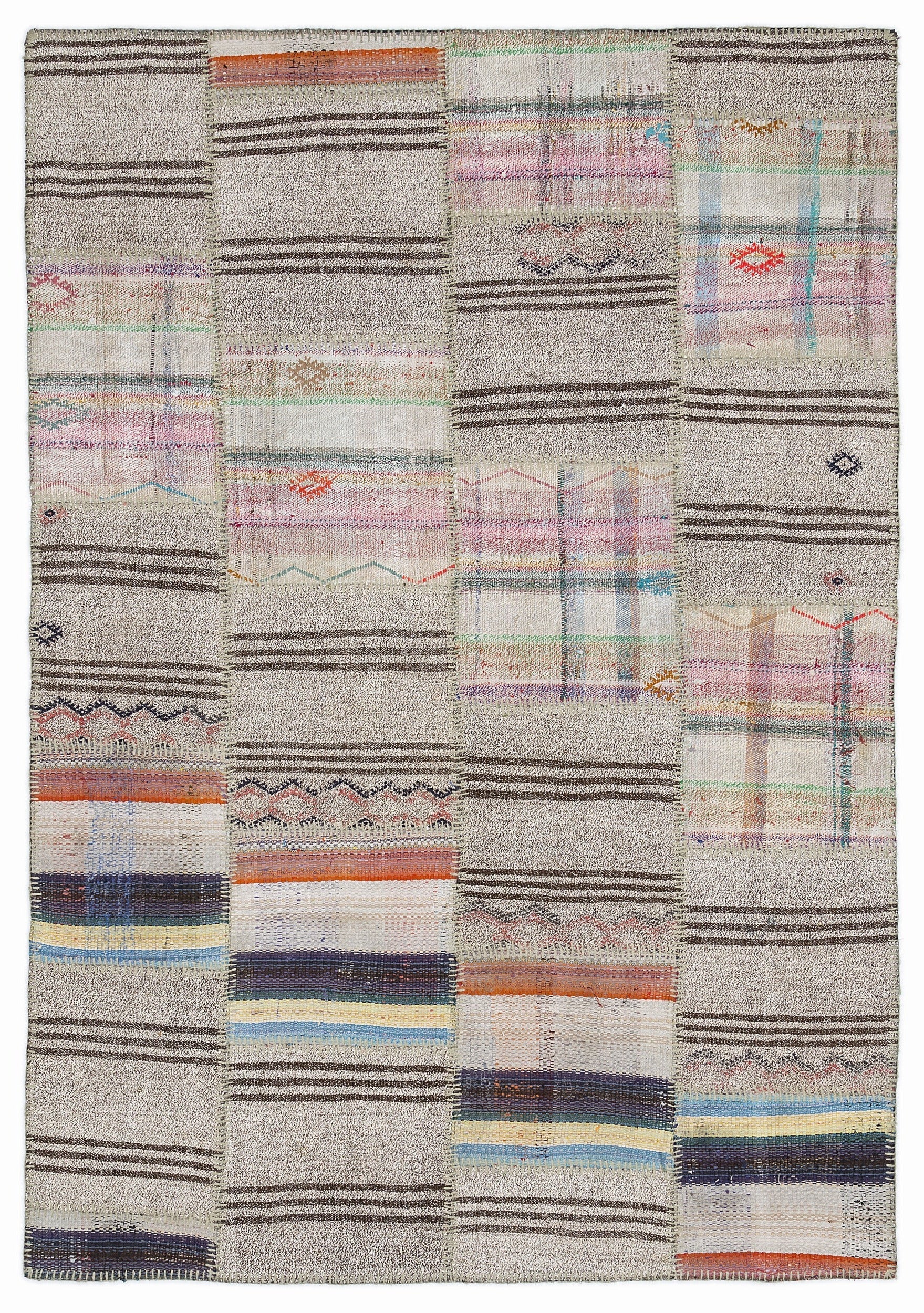 Teselya 1072 Beige Striped Wool Handmade Area Rug 5'3" x 7'7"