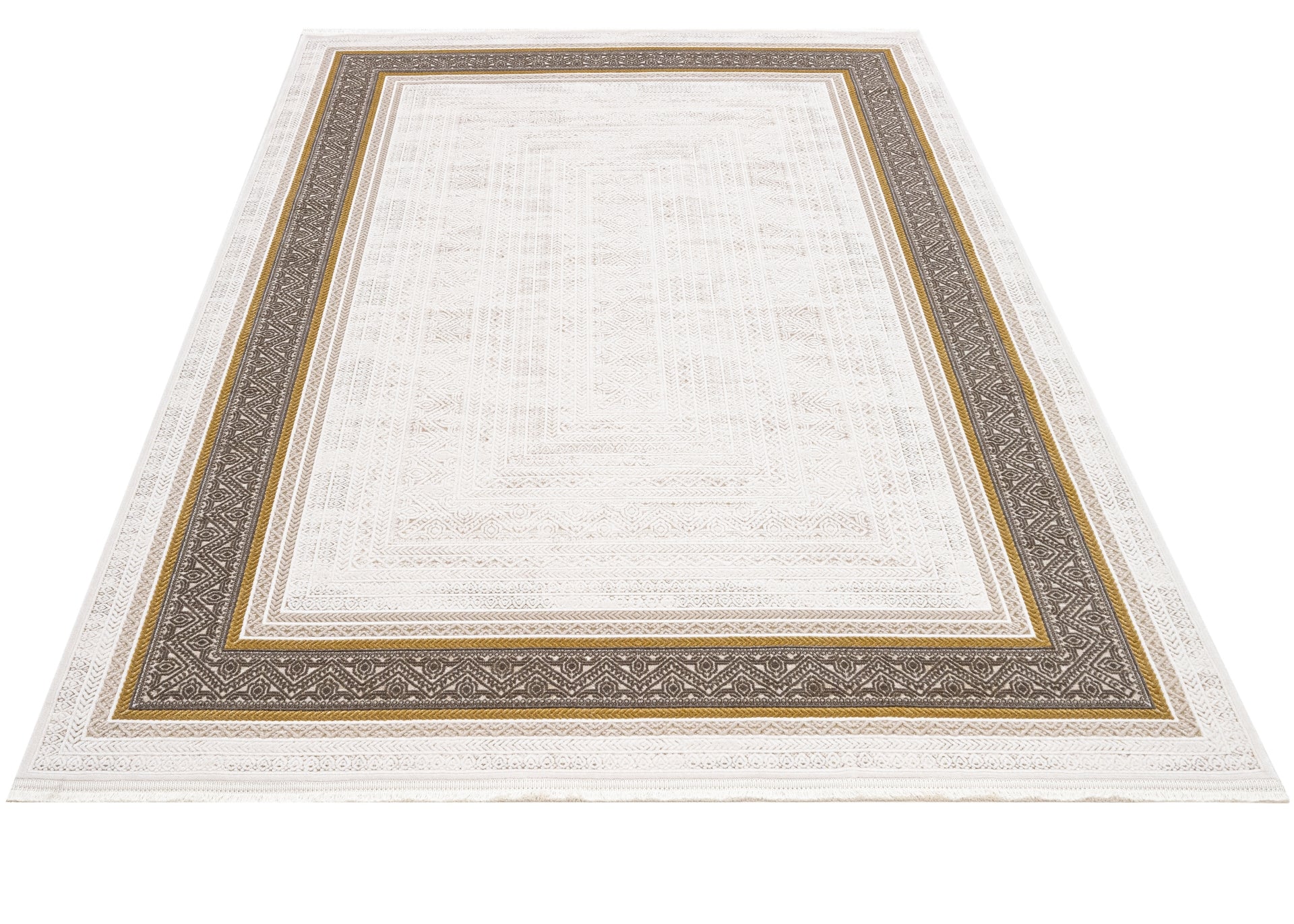 Beige Area Rug – Machine Made Rug with Framed Pattern, 8 mm Pile Height