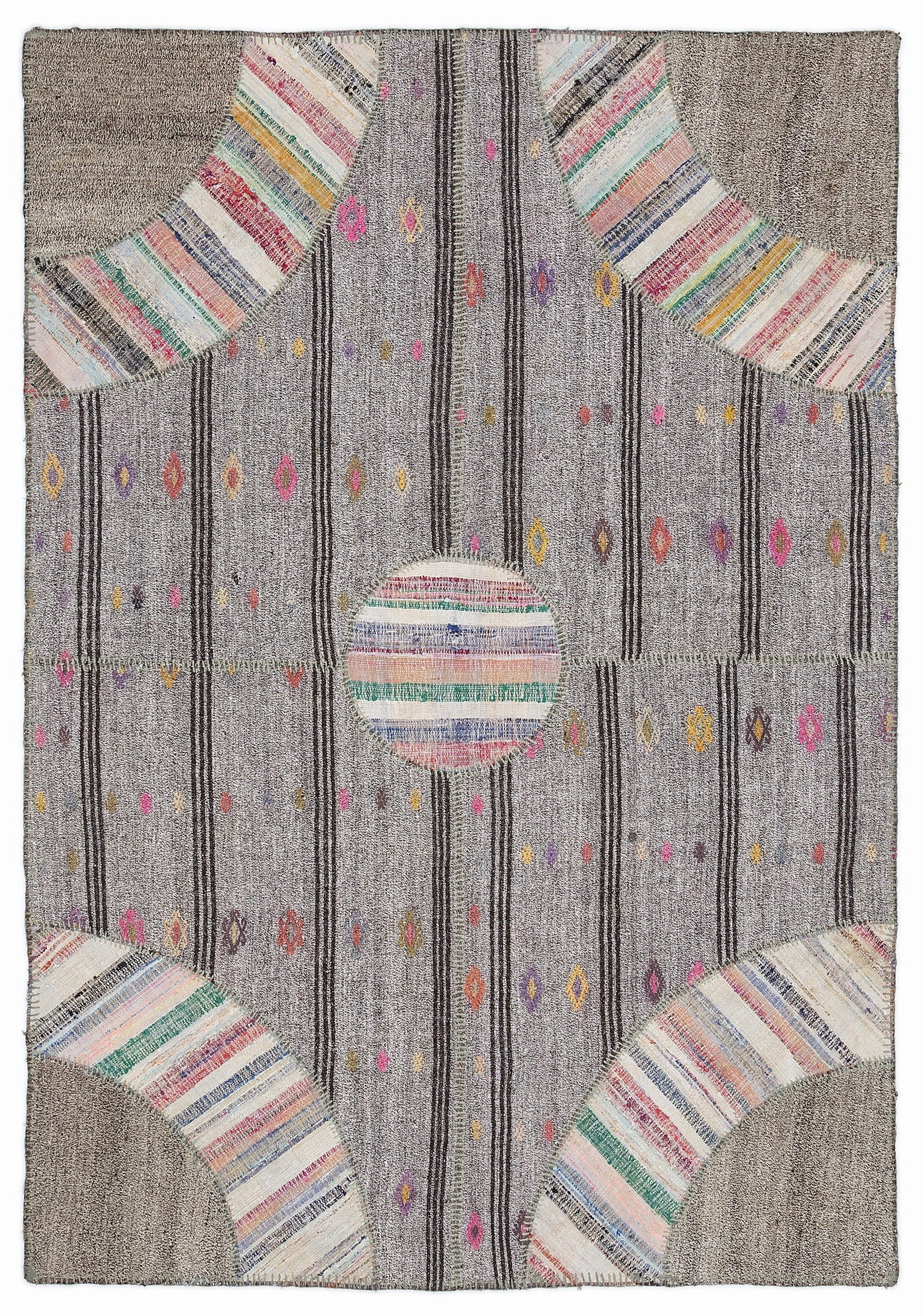 Teselya 1082 Beige Striped Wool Handmade Area Rug 5'3" x 7'7"