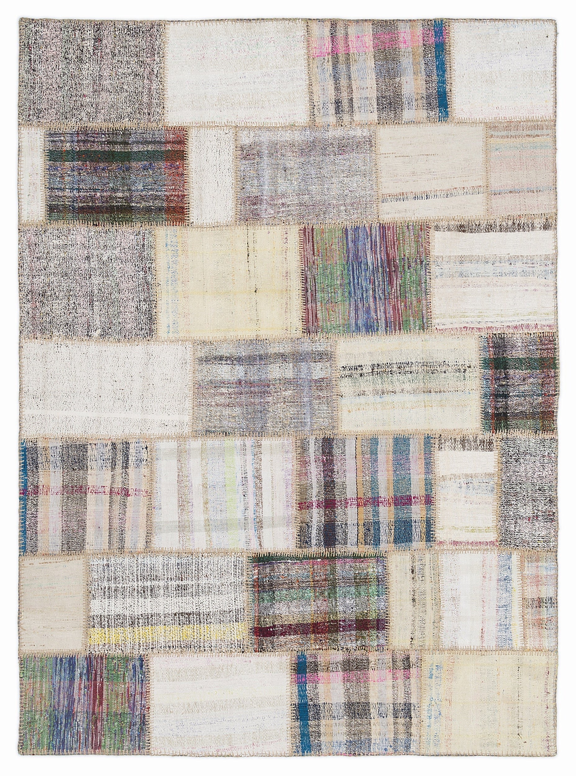 Teselya 1090 Beige Striped Wool Handmade Area Rug 5'3" x 7'7"