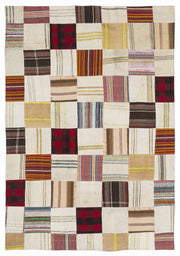 Teselya 1099 Beige Patchwork Wool Handmade Area Rug 5'3" x 7'7"