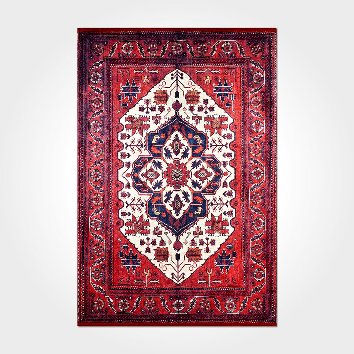 Digital Print Area Rug – Washable Non Slip Red Frame Chenille Cotton Mat