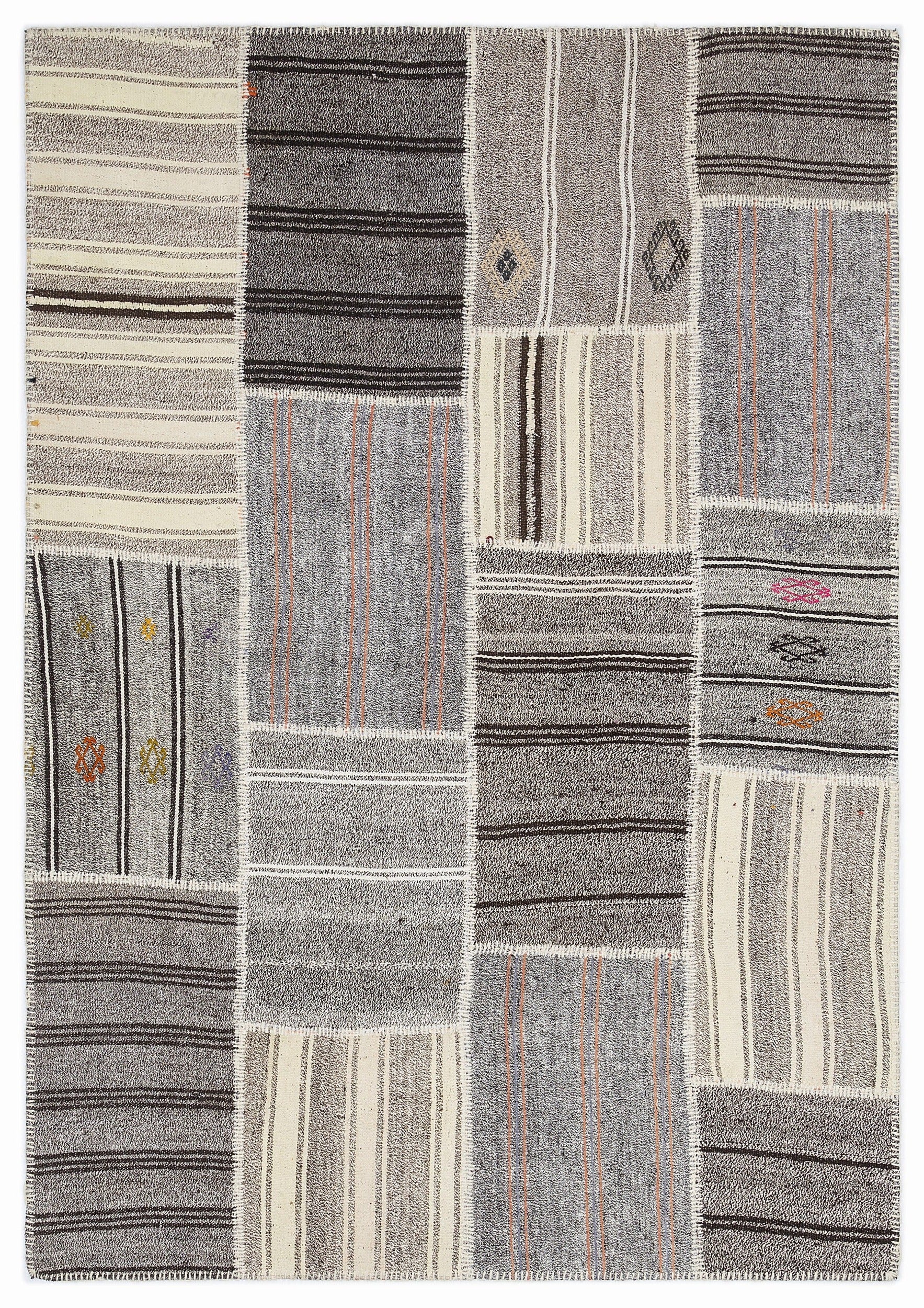 Teselya 1138 Beige Striped Wool Handmade Area Rug 5'3" x 7'7"