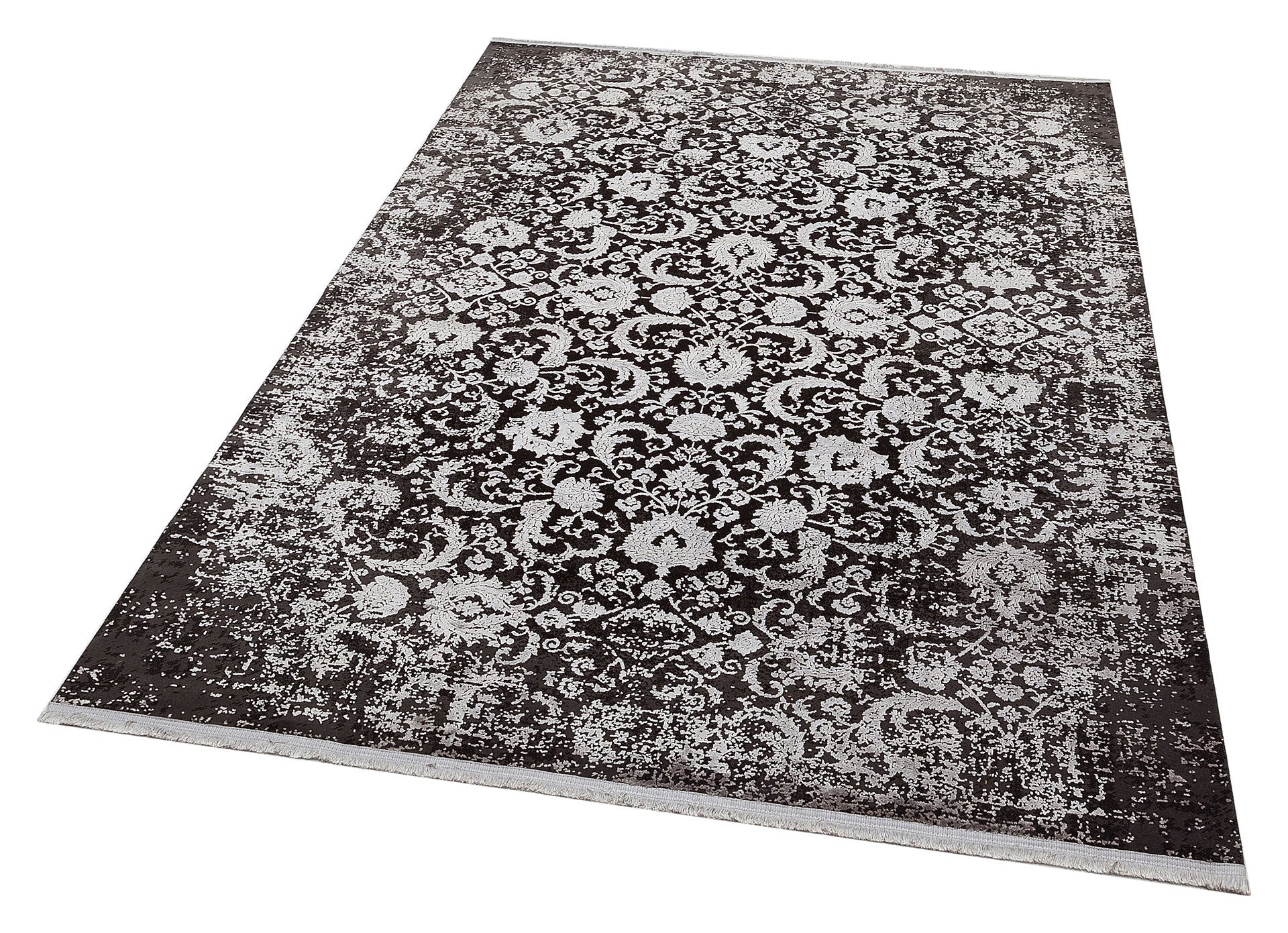 Machine Made Area Rug - Anthracite Classic High Low Textured Flatweave Carpet