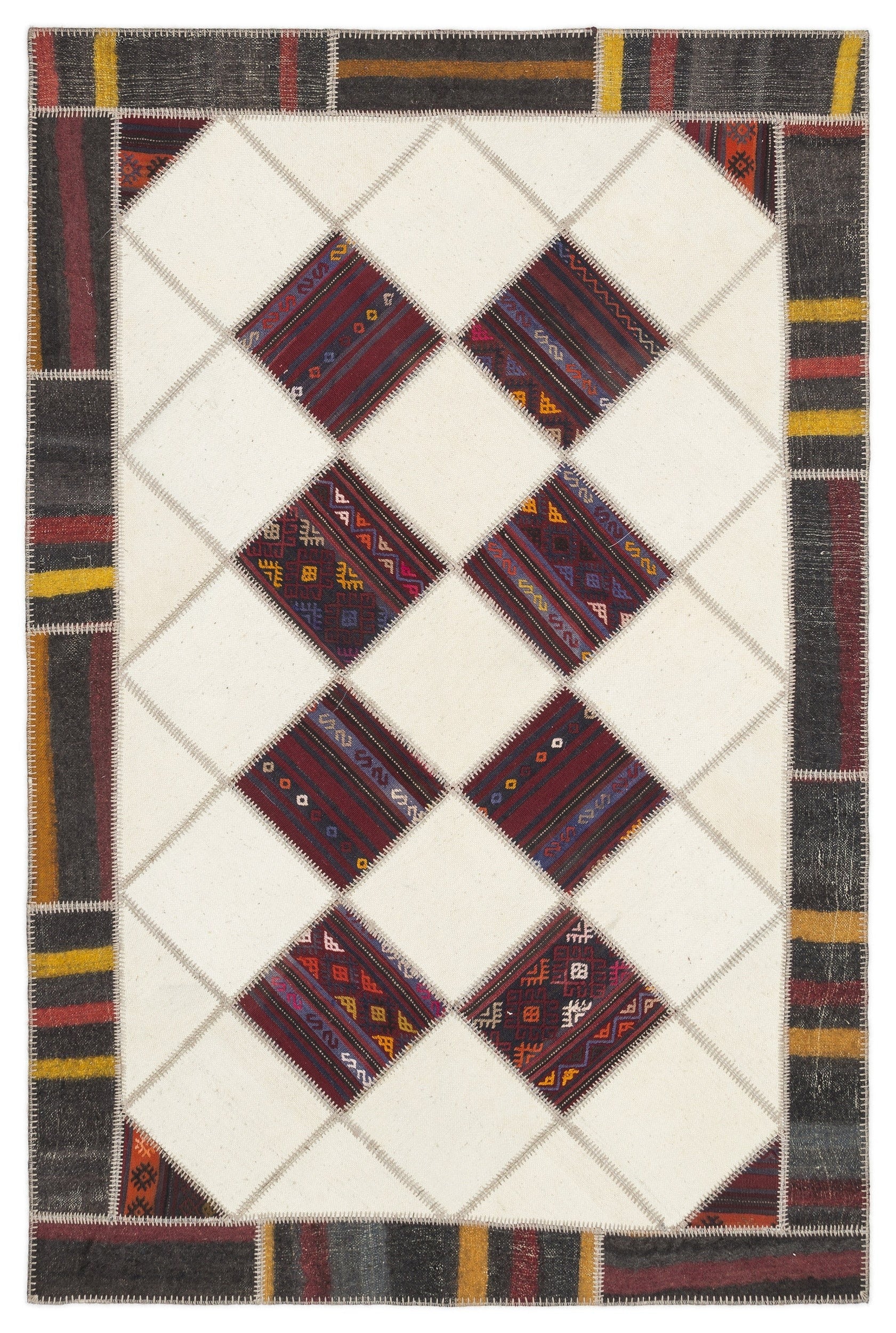 Teselya Beige Striped Wool Handmade Area Rug 5'4" x 8'10"