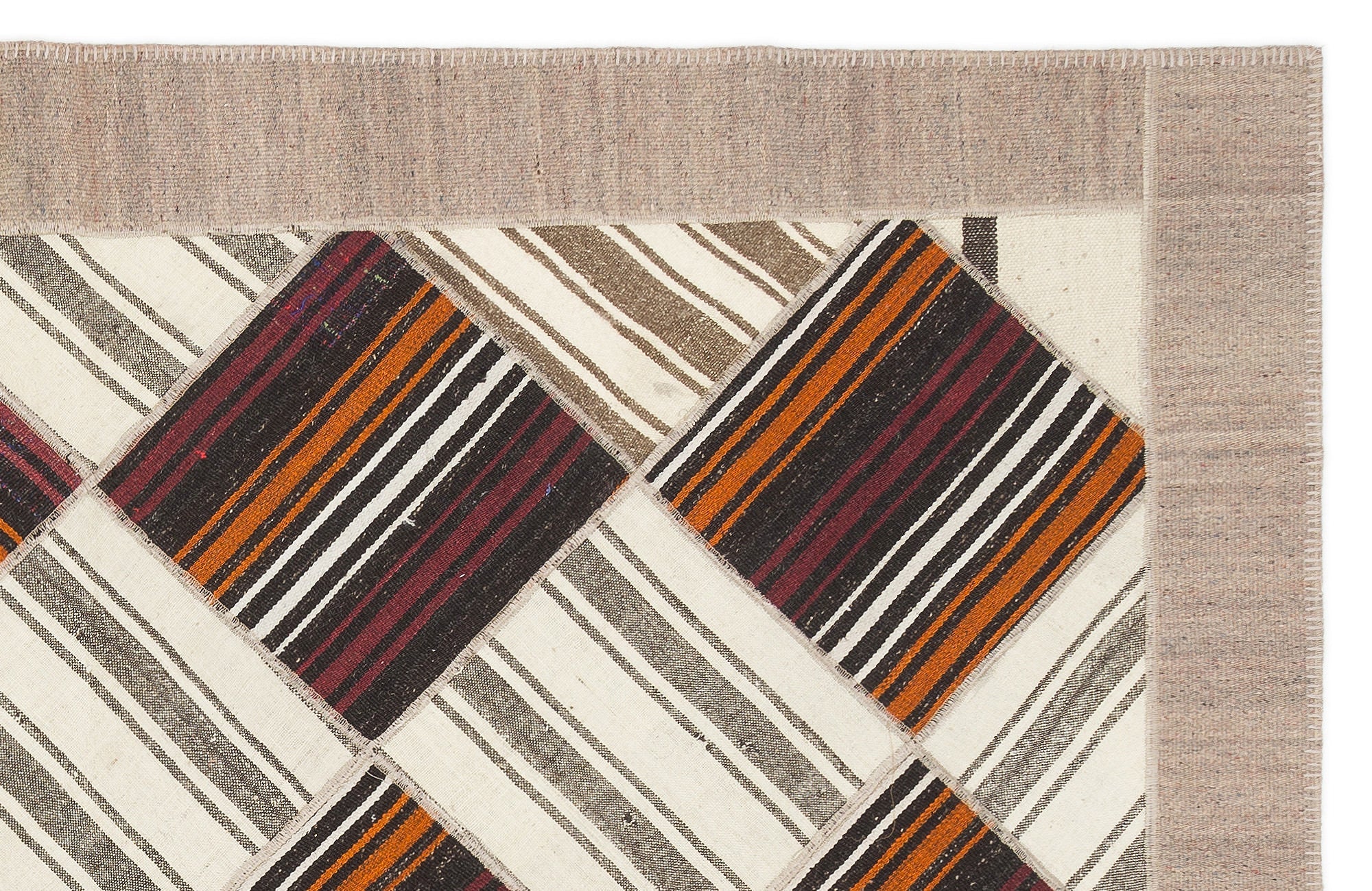 Teselya Beige Striped Wool Handmade Area Rug 6'11" x 8'10"