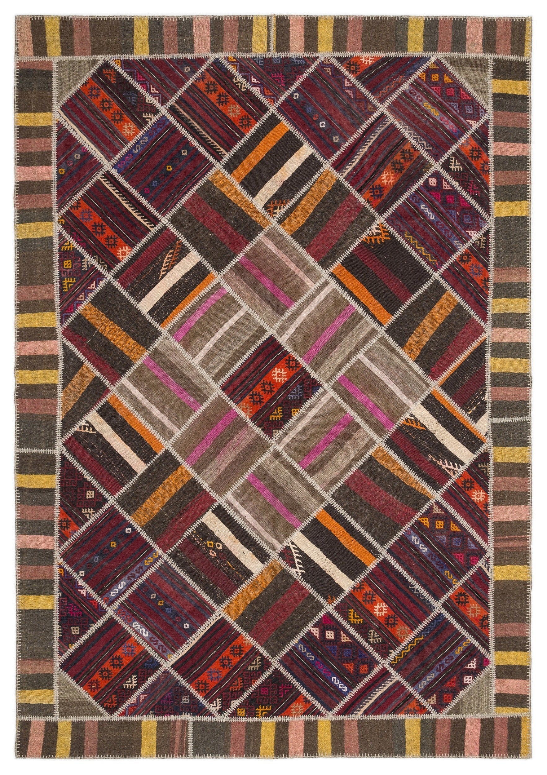 Teselya Beige Striped Wool Handmade Area Rug 7'0" x 10'2"