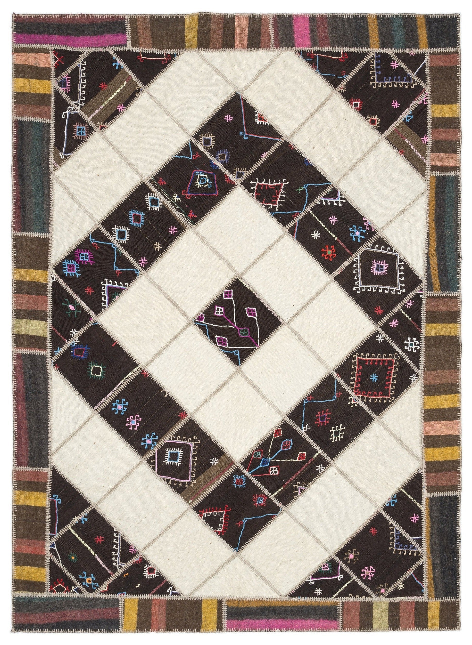 Teselya Beige Striped Wool Handmade Area Rug 6'11" x 9'9"