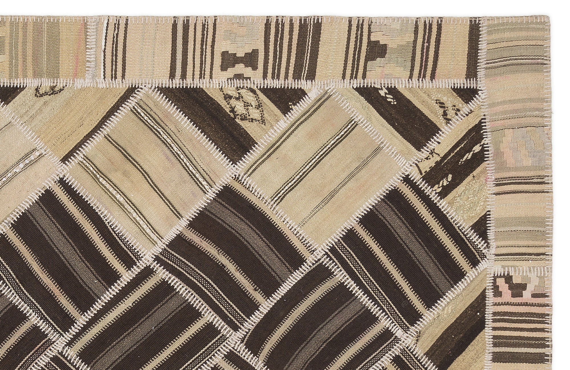 Teselya Beige Striped Wool Handmade Area Rug 5'1" x 8'7"