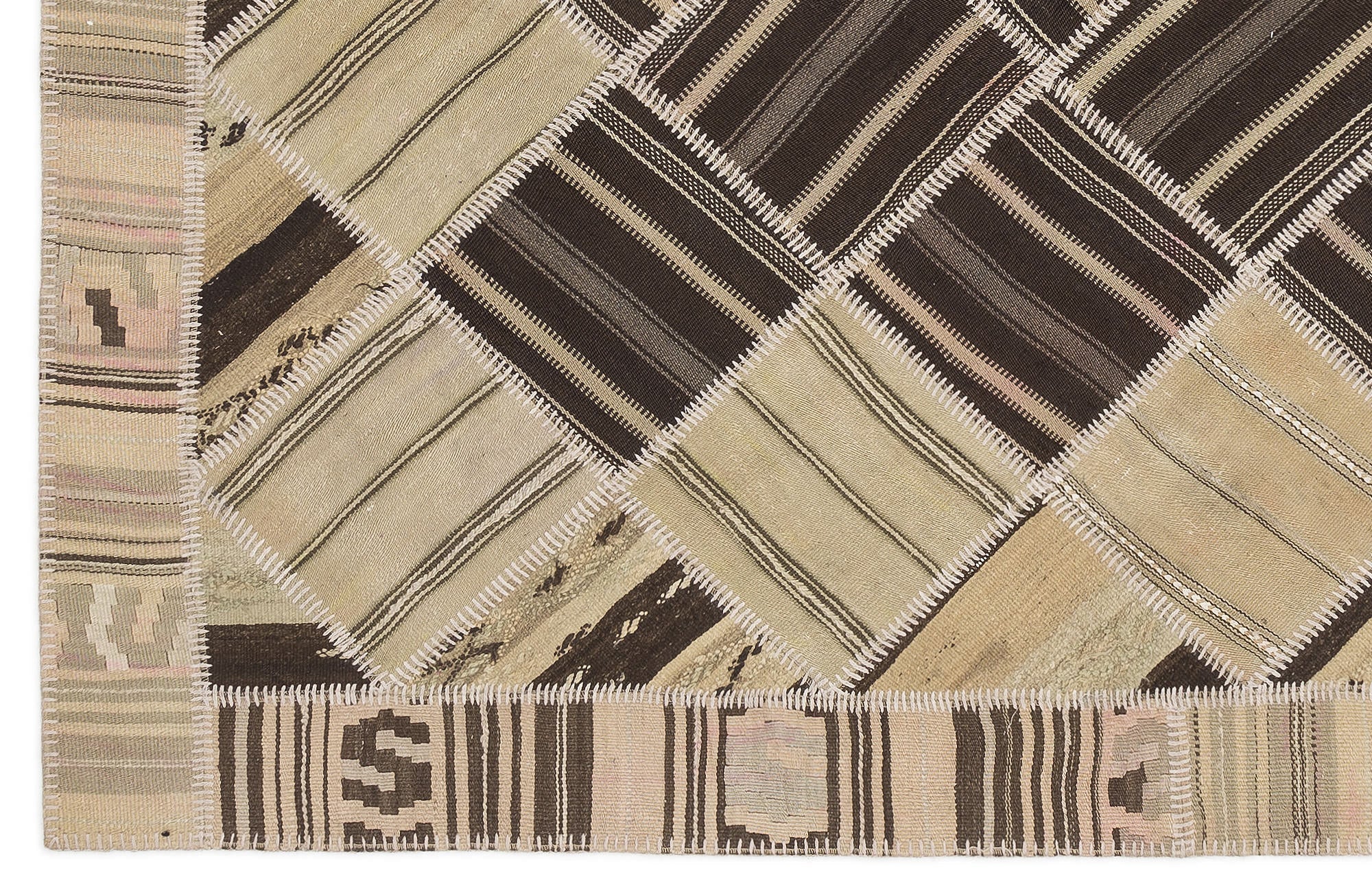 Teselya Beige Striped Wool Handmade Area Rug 5'1" x 8'7"